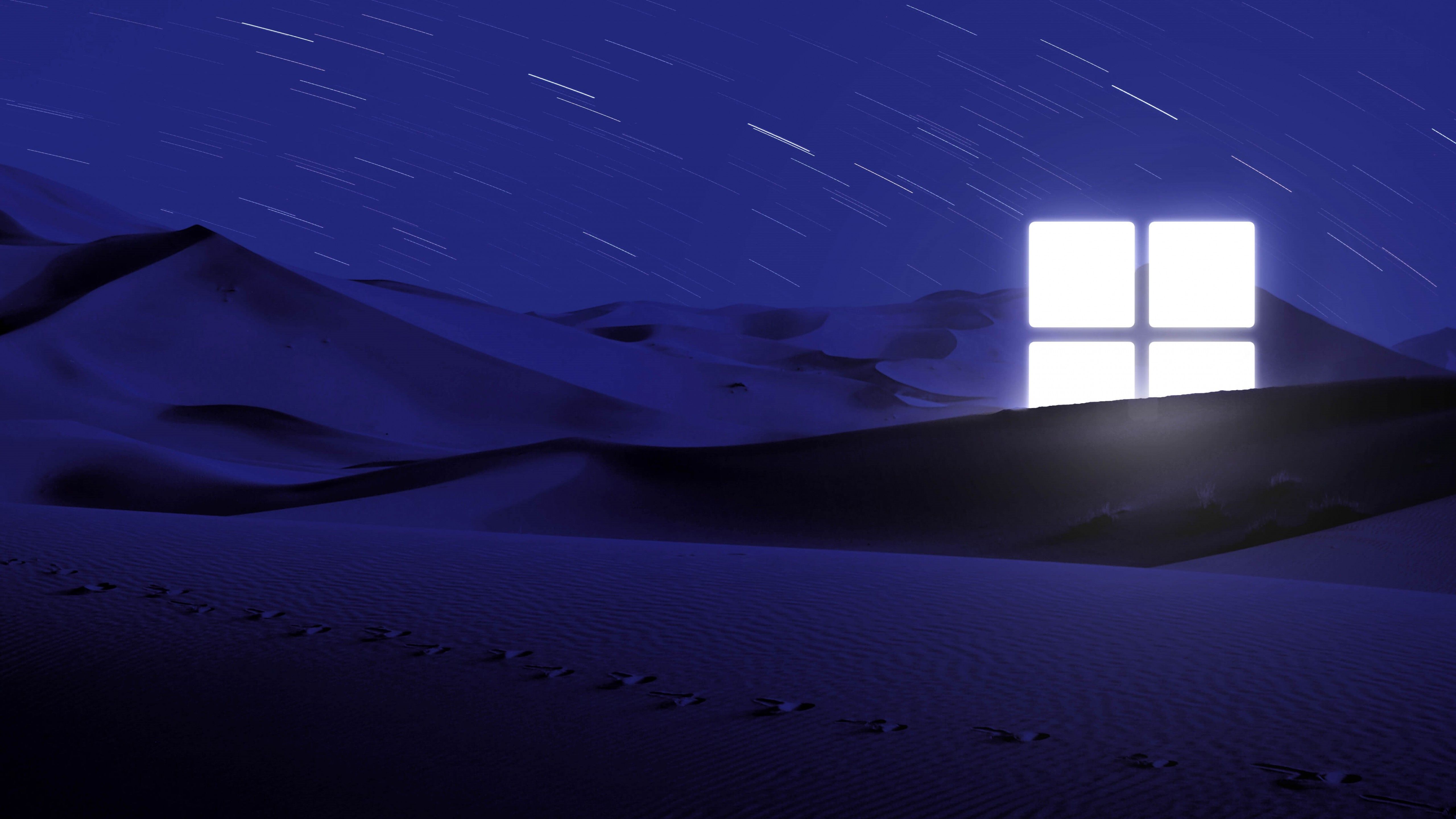 Desert 4K Wallpaper, Night, Blue, Windows logo, Glowing, Star Trails, Illuminated, 5K, Nature