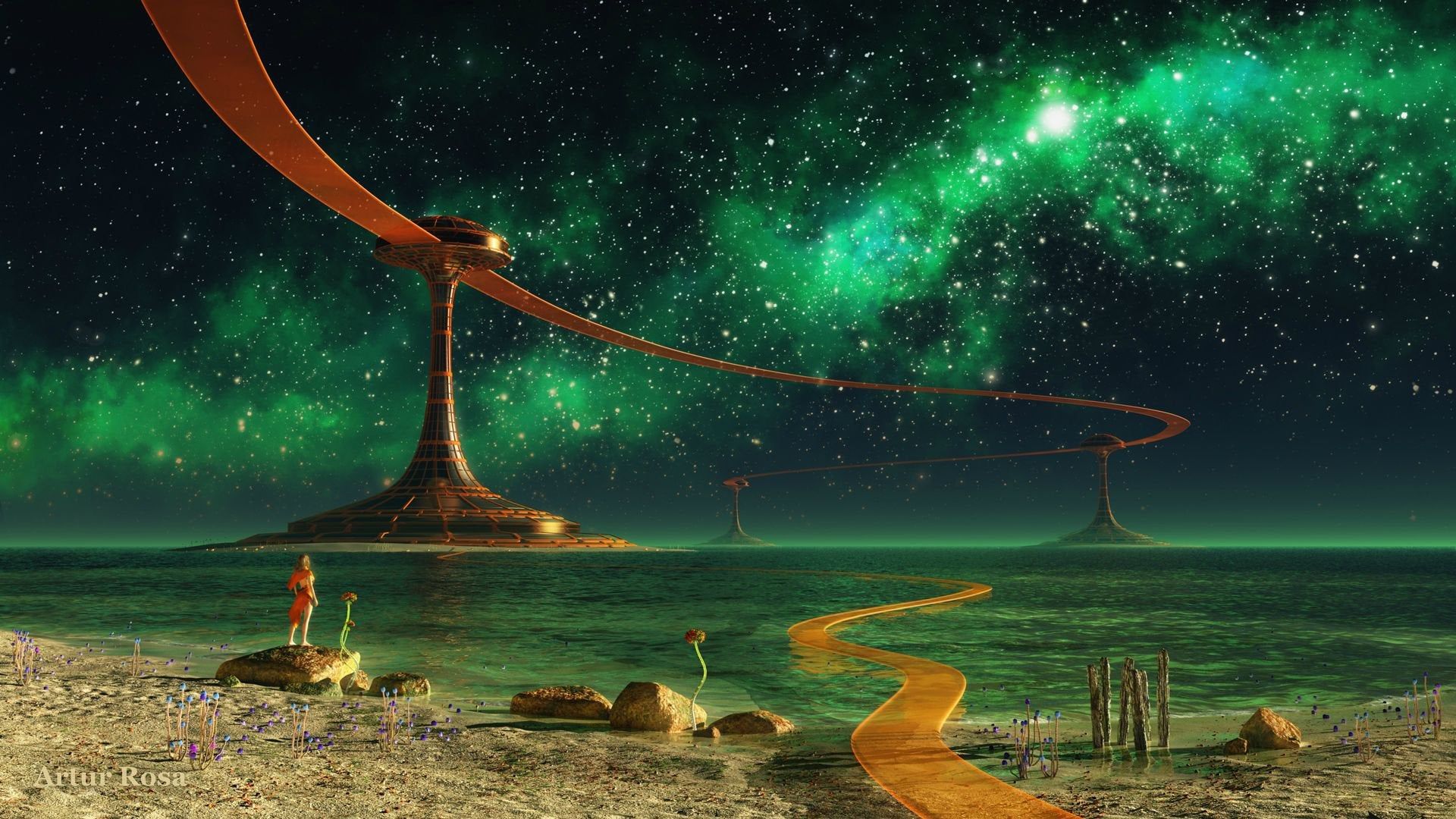 Fantasy Sky Glowing Stars Green Light Sea Ocean[1920x1080]