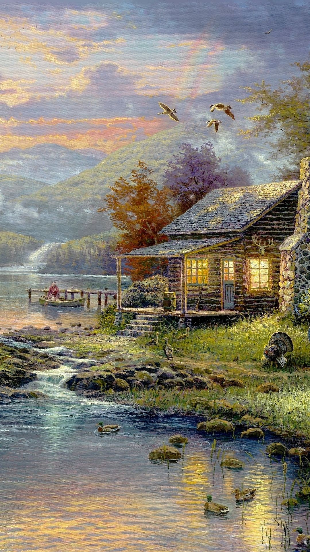 painting, nature, picture, natures paradise, house, thomas kinkade, river, forest, art desktop wallpaper 29035