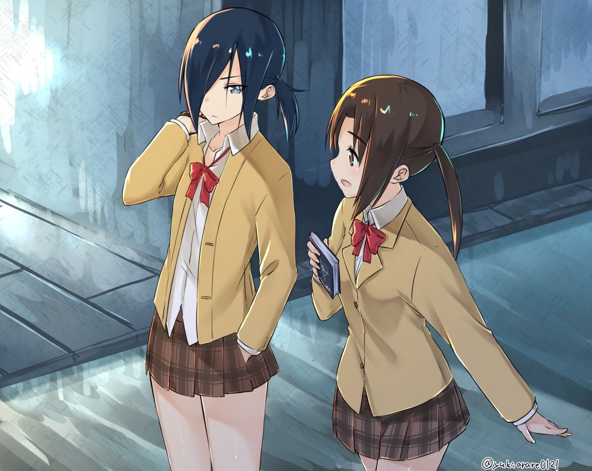 2girls black hair book bow brown eyes brown hair gray eyes ponytail school uniform seitokai yakuindomo signed tsuda kotomi twintails uomi yukiarare. konachan.com.com Anime Wallpaper