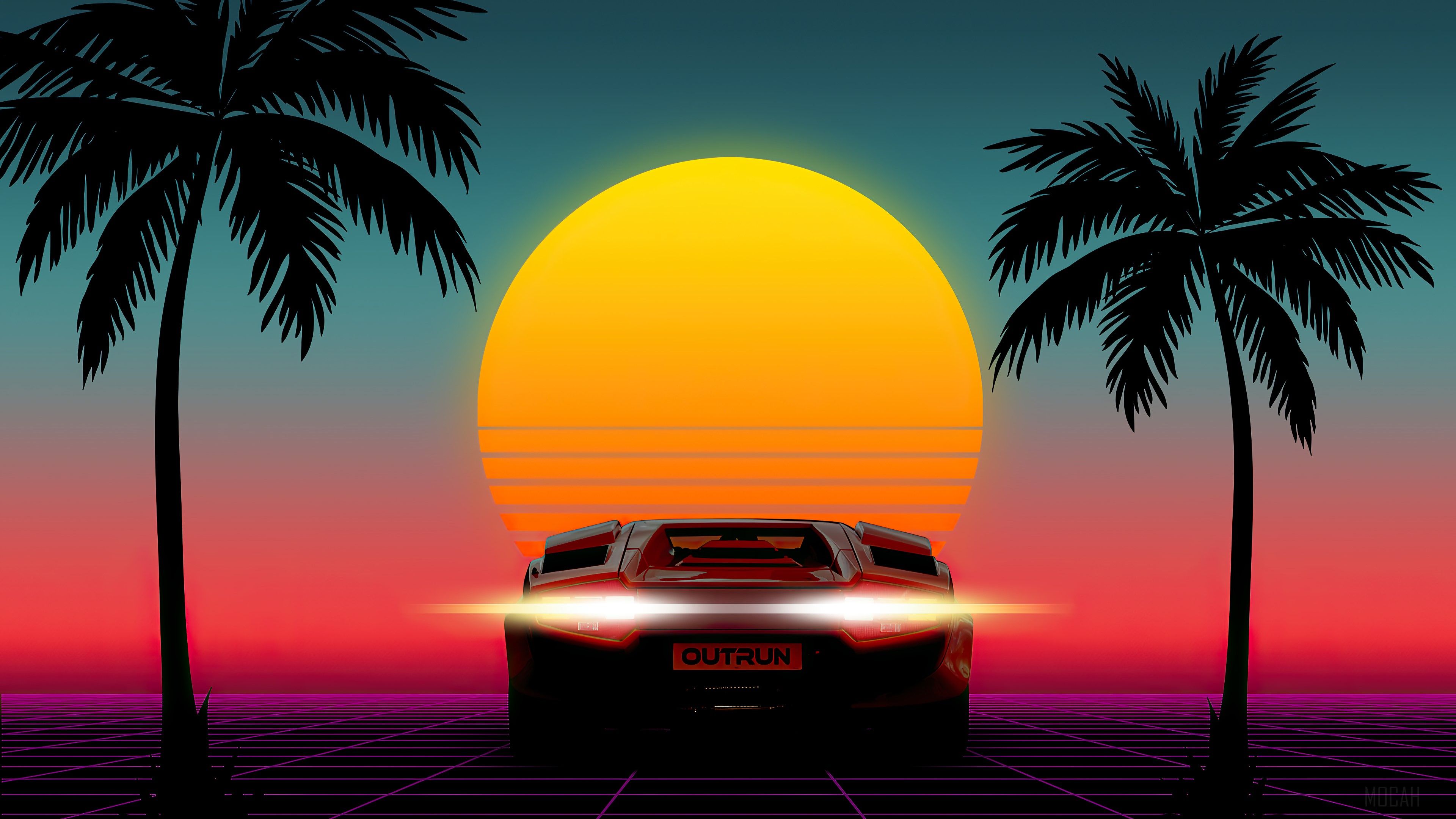 Sunset, Minimalist, Minimalism, Sports Car, Car, Palm, Scenery, Digital Art 4k wallpaper. Mocah HD Wallpaper