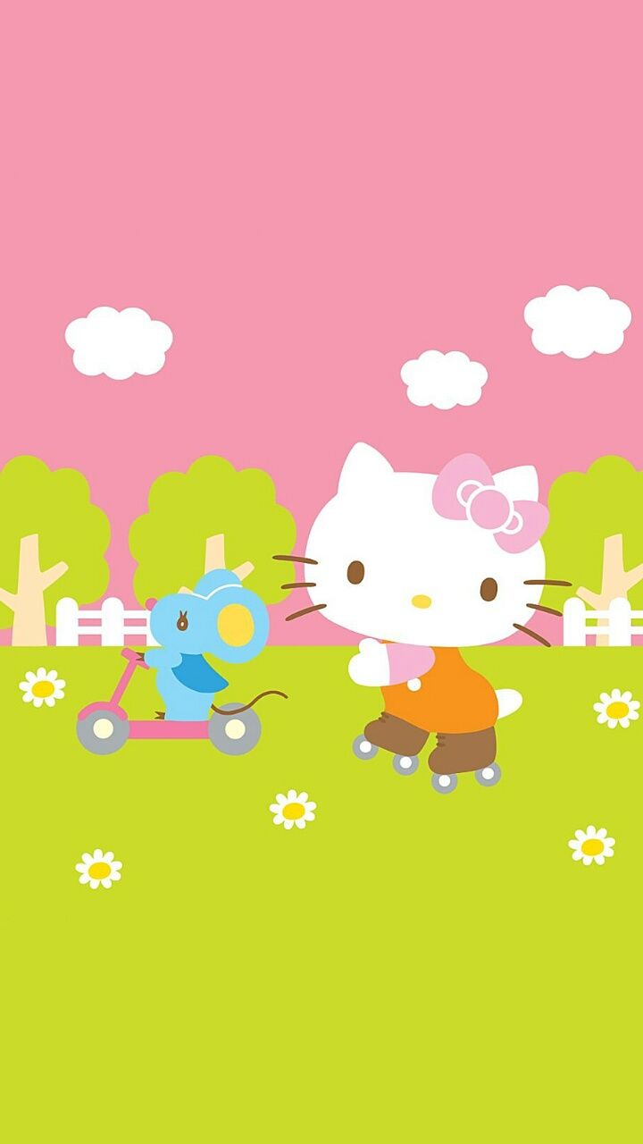 art, background, beautiful, beauty, cartoon, cat, clouds, color, colorful, cute art, drawing, flowers, hello kitty, illustration, kawaii, kitty, mouse, nature, sanrio, summer, wallpaper, we heart it, pink background, green background, beautiful art