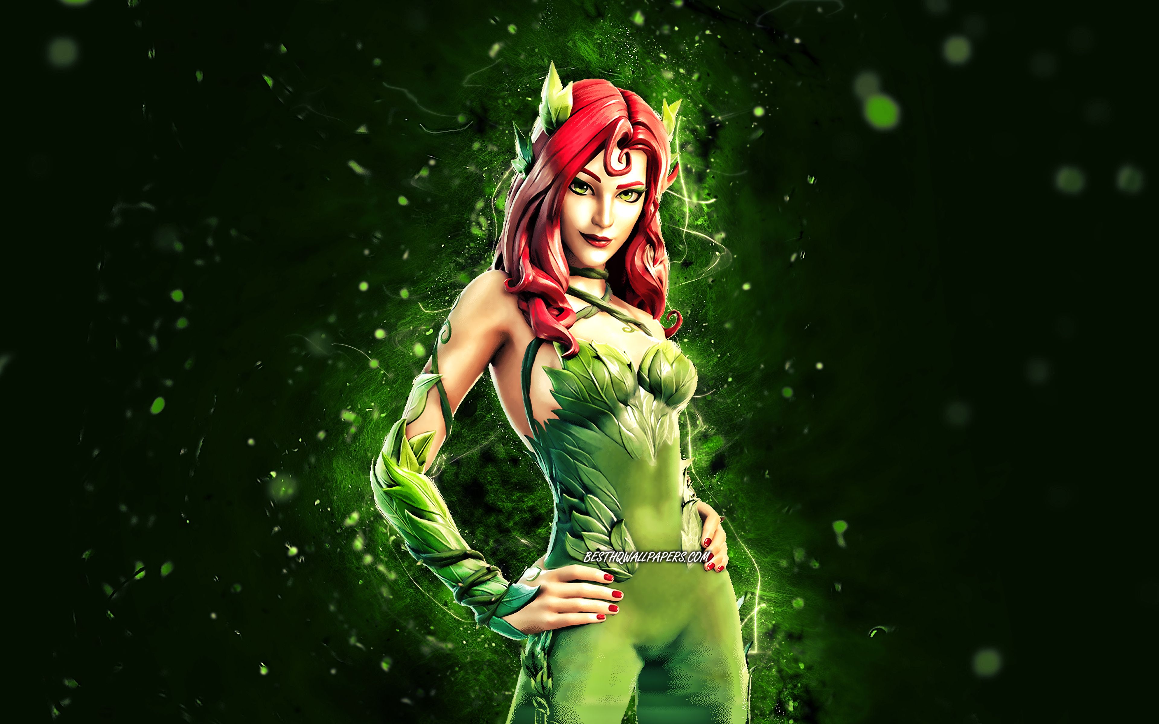 Download wallpaper Human Poison Ivy, 4k, green neon lights, Fortnite Battle Royale, Fortnite characters, Human Poison Ivy Skin, Fortnite, Human Poison Ivy Fortnite for desktop with resolution 3840x2400. High Quality HD picture