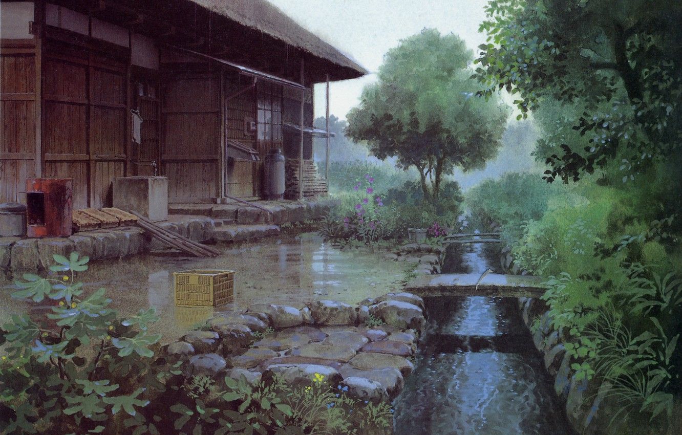 Wallpaper trees, stream, the bridge, veranda, rainy day, the drain, wooden house, only yesterday, yesterday, by kazuo oga image for desktop, section сёнэн