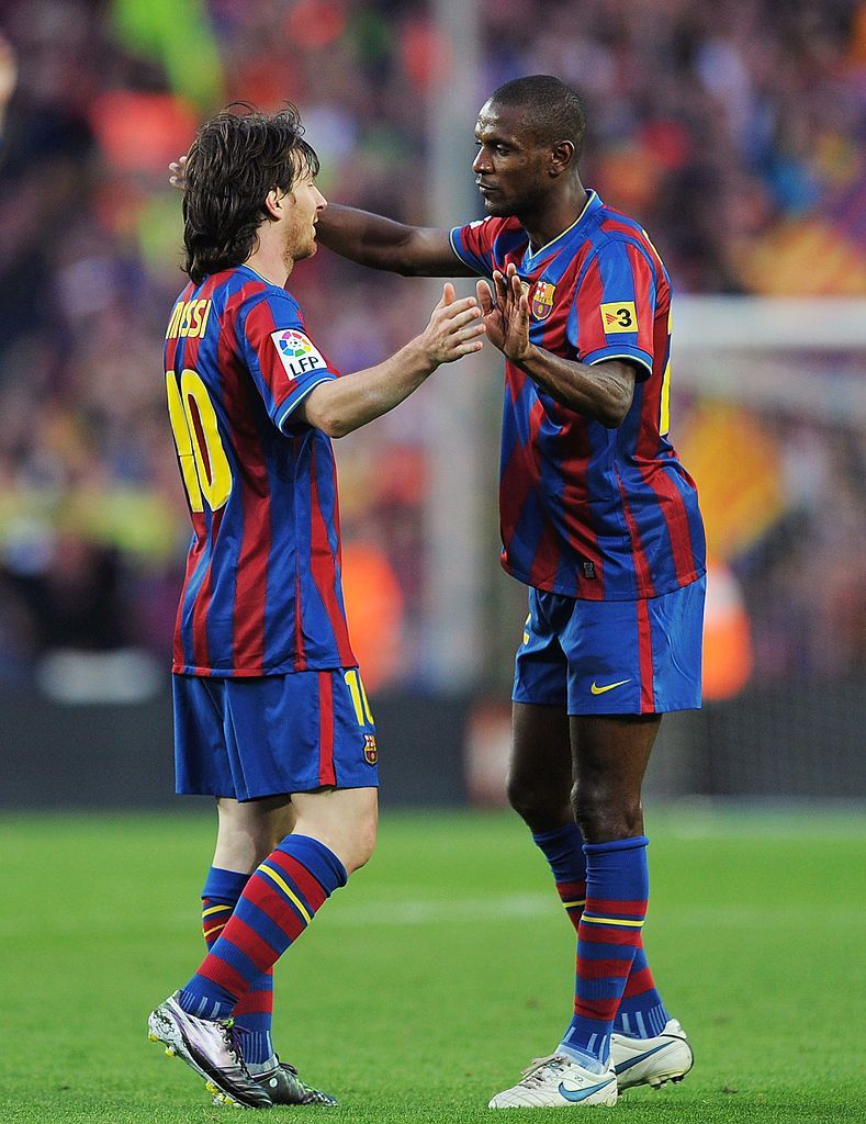 BARCELONA, SPAIN 16: Leo Messi (L) And Eric Abidal Celebrate After Barcelona Beat Real Valladolid 4 0 To Clinch La Liga. Leo Messi, Messi, Barcelona Coach
