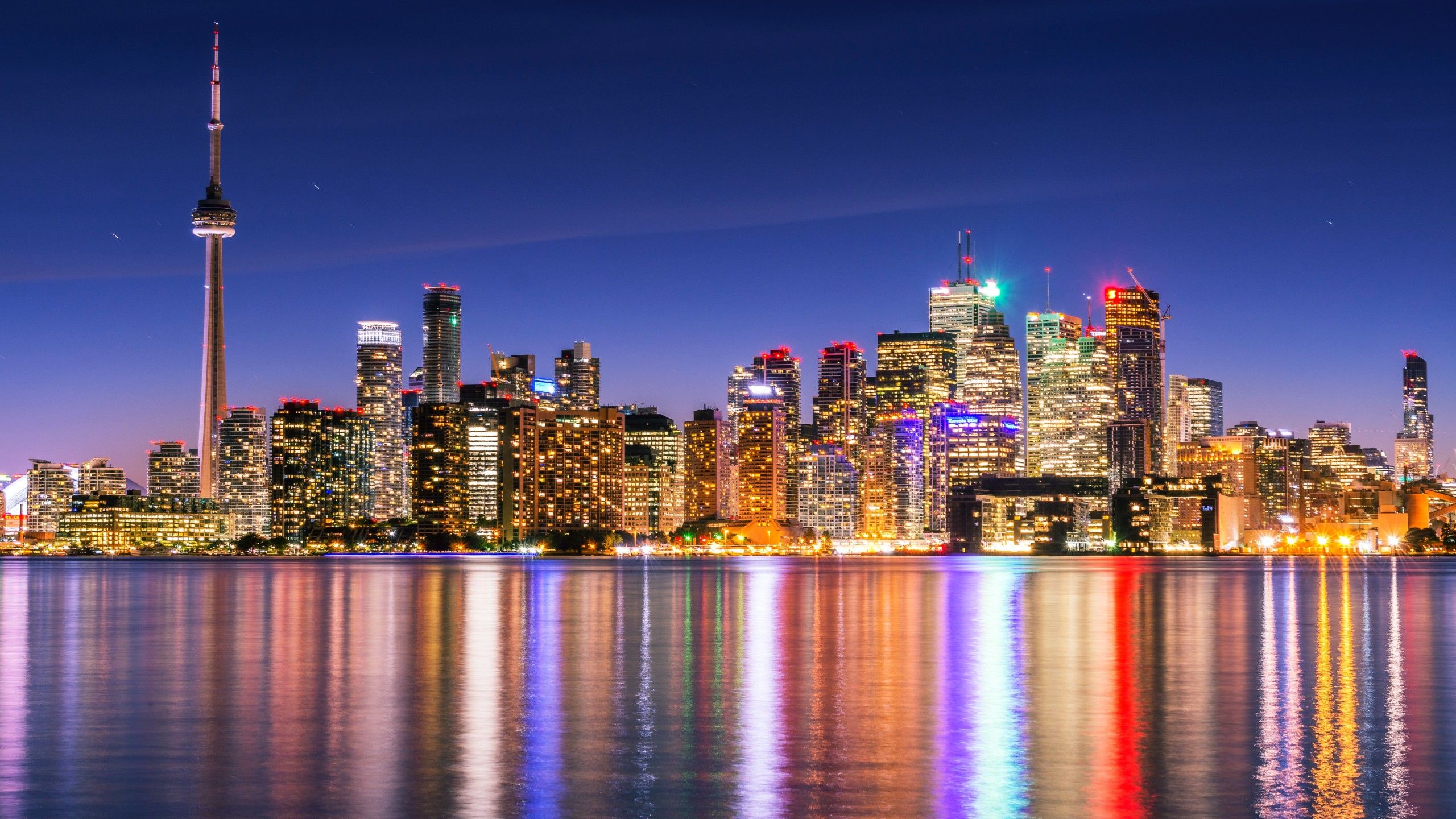 Toronto Skyline 4K Wallpaper, Skyscrapers, Canada, Cityscape, Night lights, Waterfront, Dusk, World