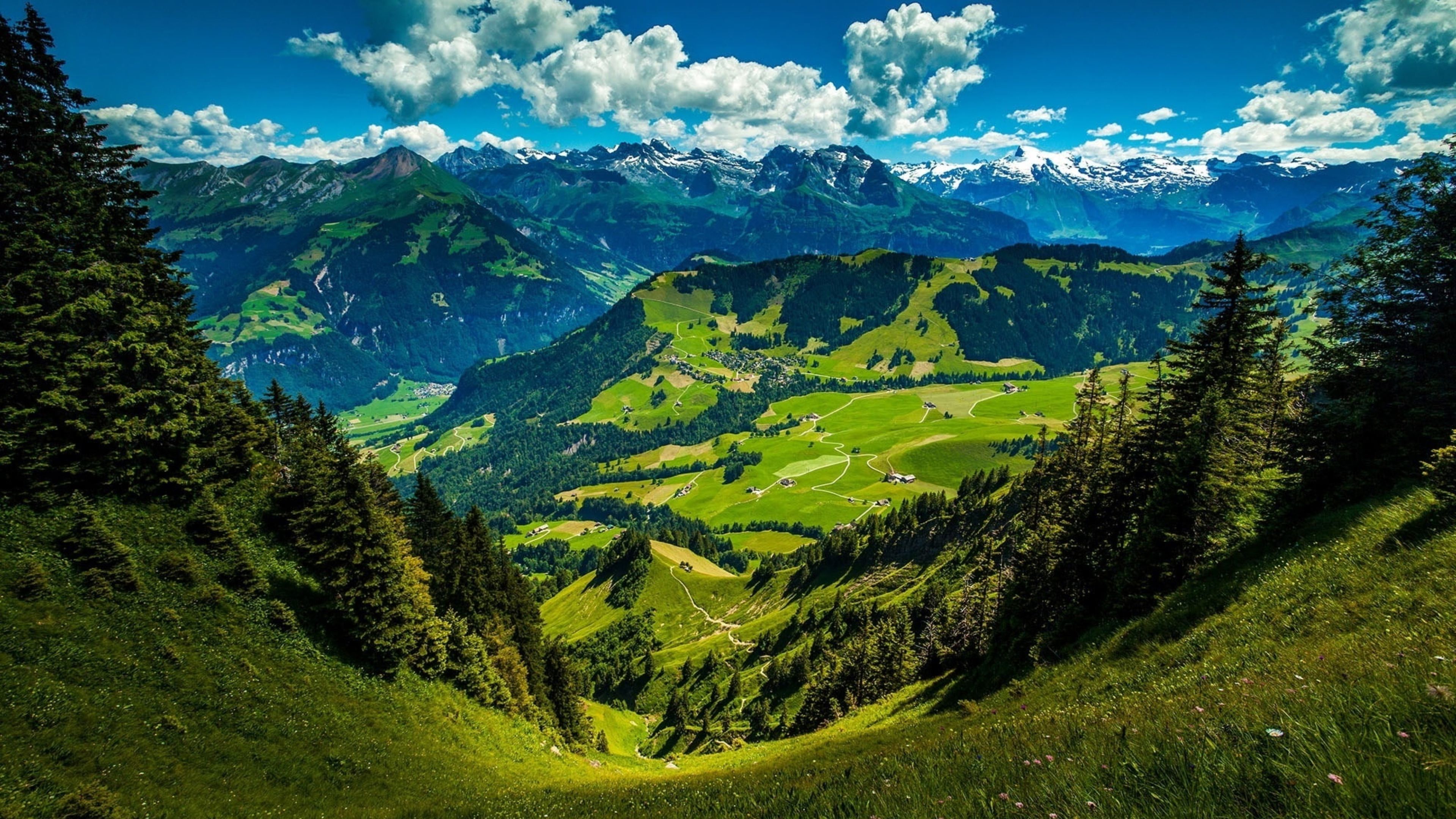 Landscape Of Mountain Green Hills Under Cloudy Blue Sky 4K HD Nature Wallpaper