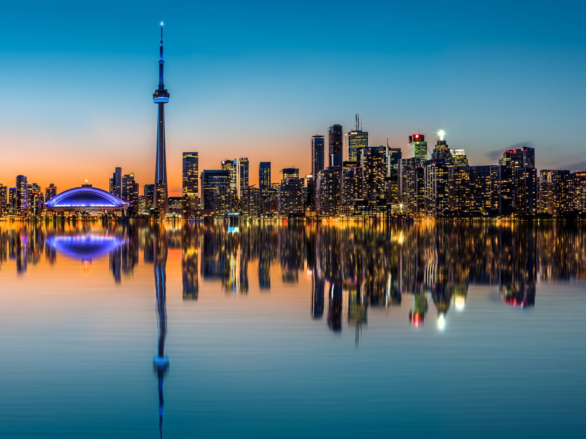 Toronto Skyline Reflection Of Buildings In Harbor Bay Harbor Bay Toronto Canada Night Landscape HD Wallpaper For Tablets Free Download, Wallpaper13.com