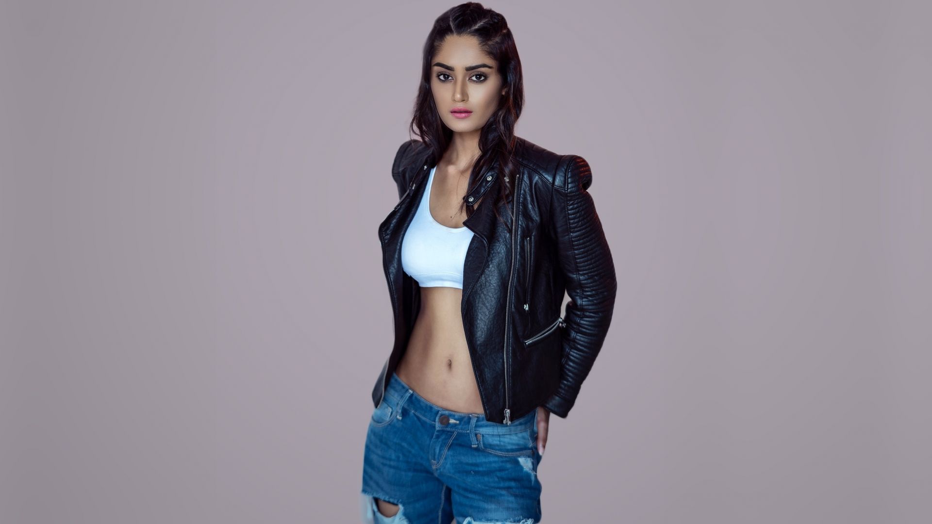 Desktop wallpaper leather jacket, hot, girl model, HD image, picture, background, 2d8e52