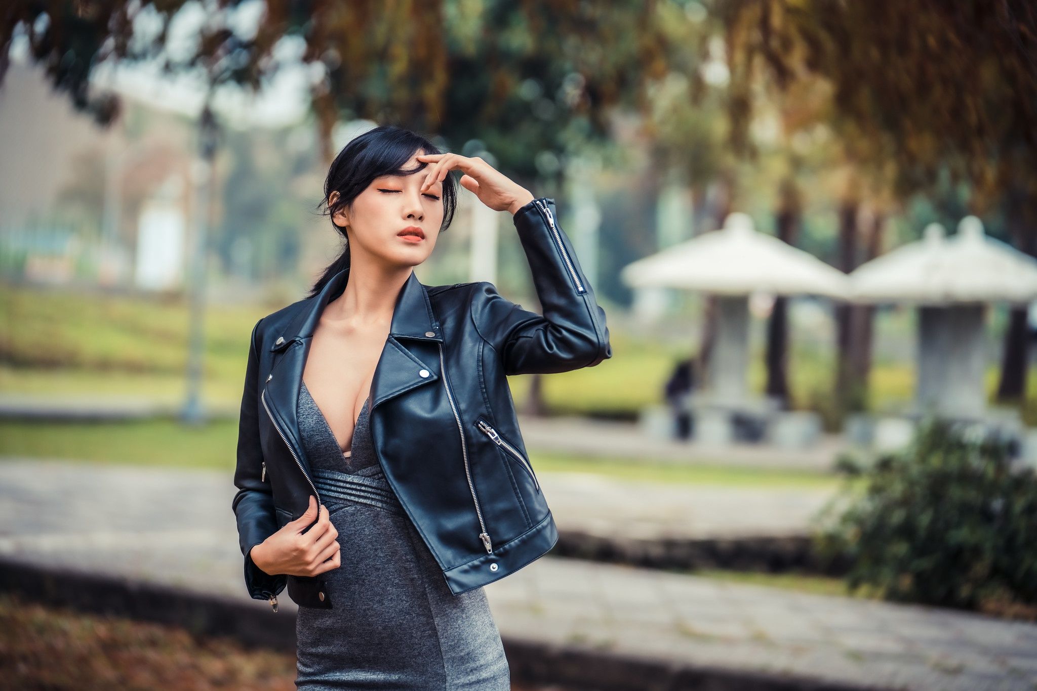 Asian Black Hair Depth Of Field Girl Leather Jacket Model Woman Wallpaper:2048x1366
