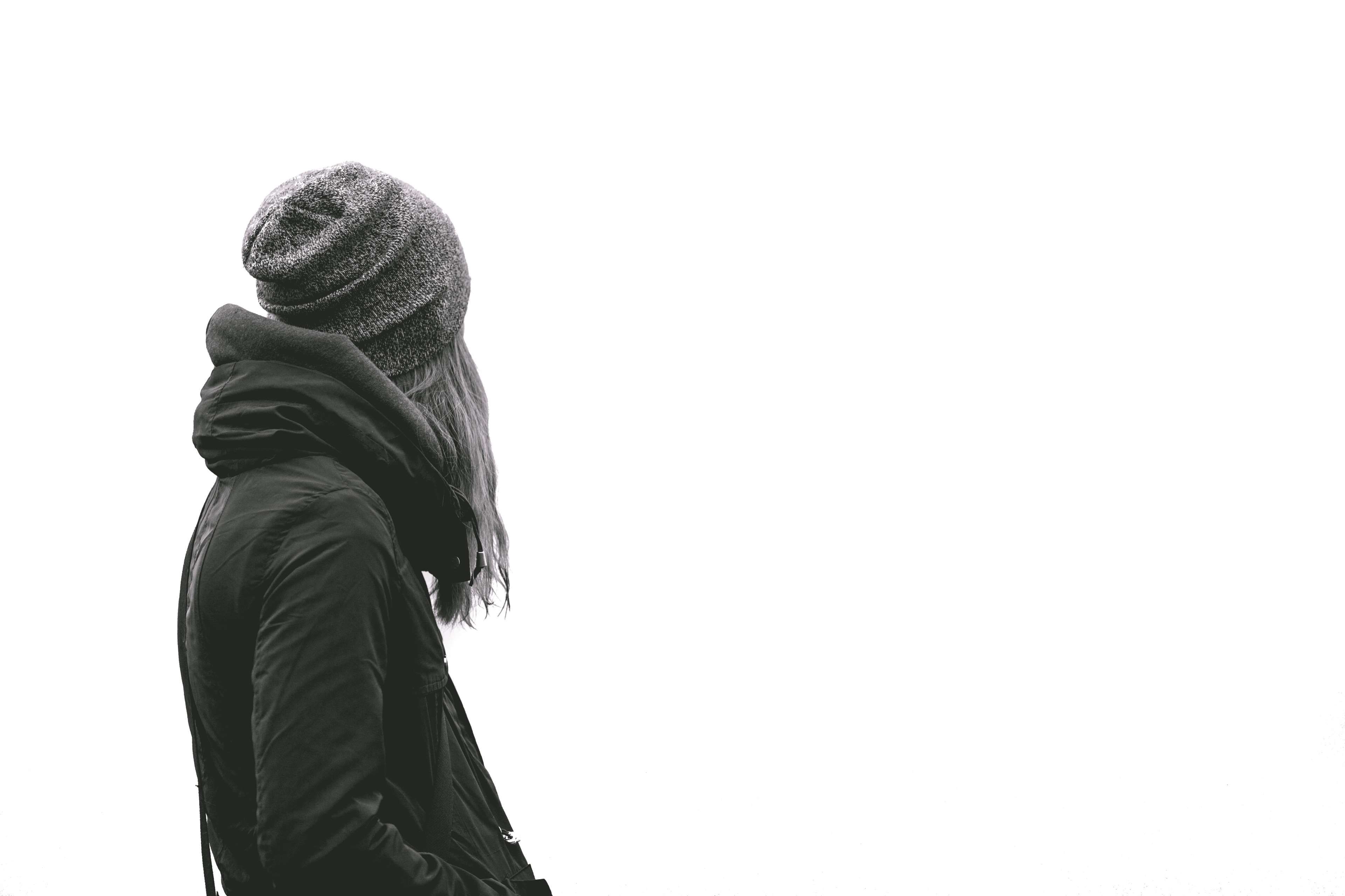 black and white, facing away, female, girl, gray, jacket, person, woman 4k wallpaper