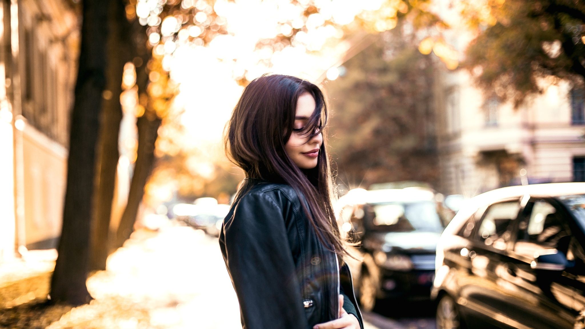 Girl With Black Leather Jacket Outdoors 2048x1152 Resolution HD 4k Wallpaper, Image, Background, Photo and Picture