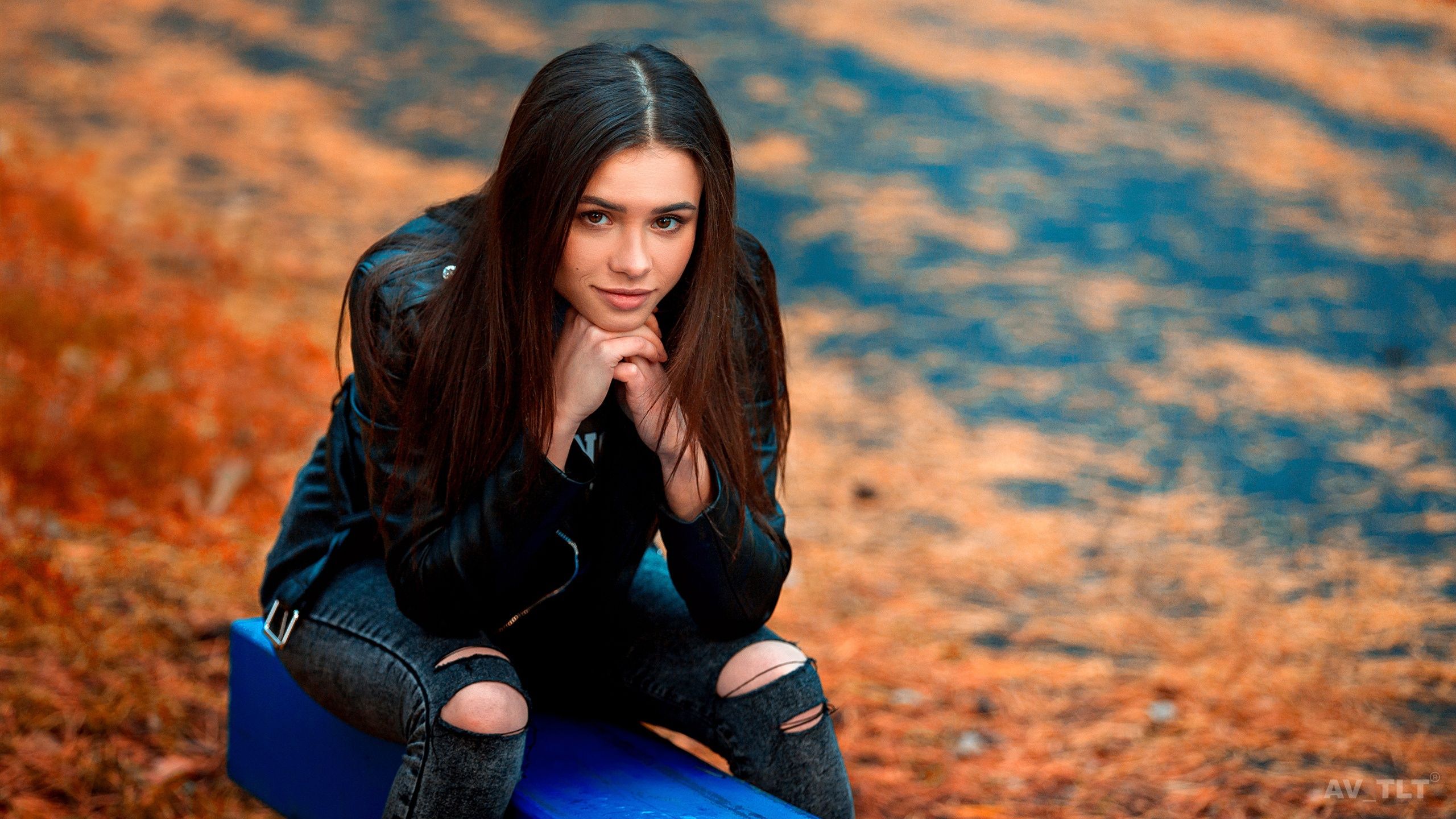Long Hair, Model, Smile, Girl, Black Hair, Woman, Leather Jacket wallpaper
