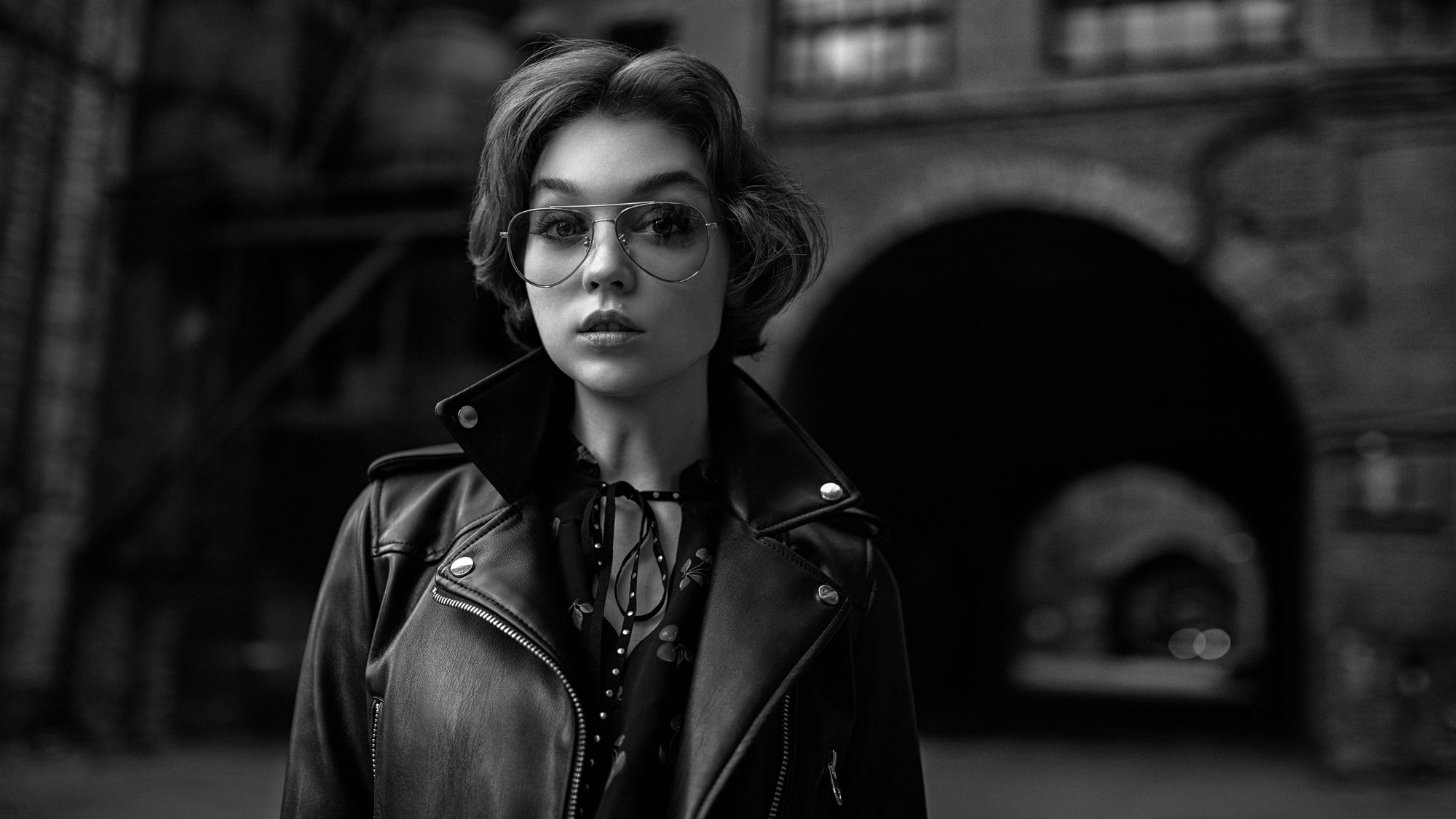Black & White, Glasses, Woman, Girl, Short Hair, Model, Leather Jacket wallpaper
