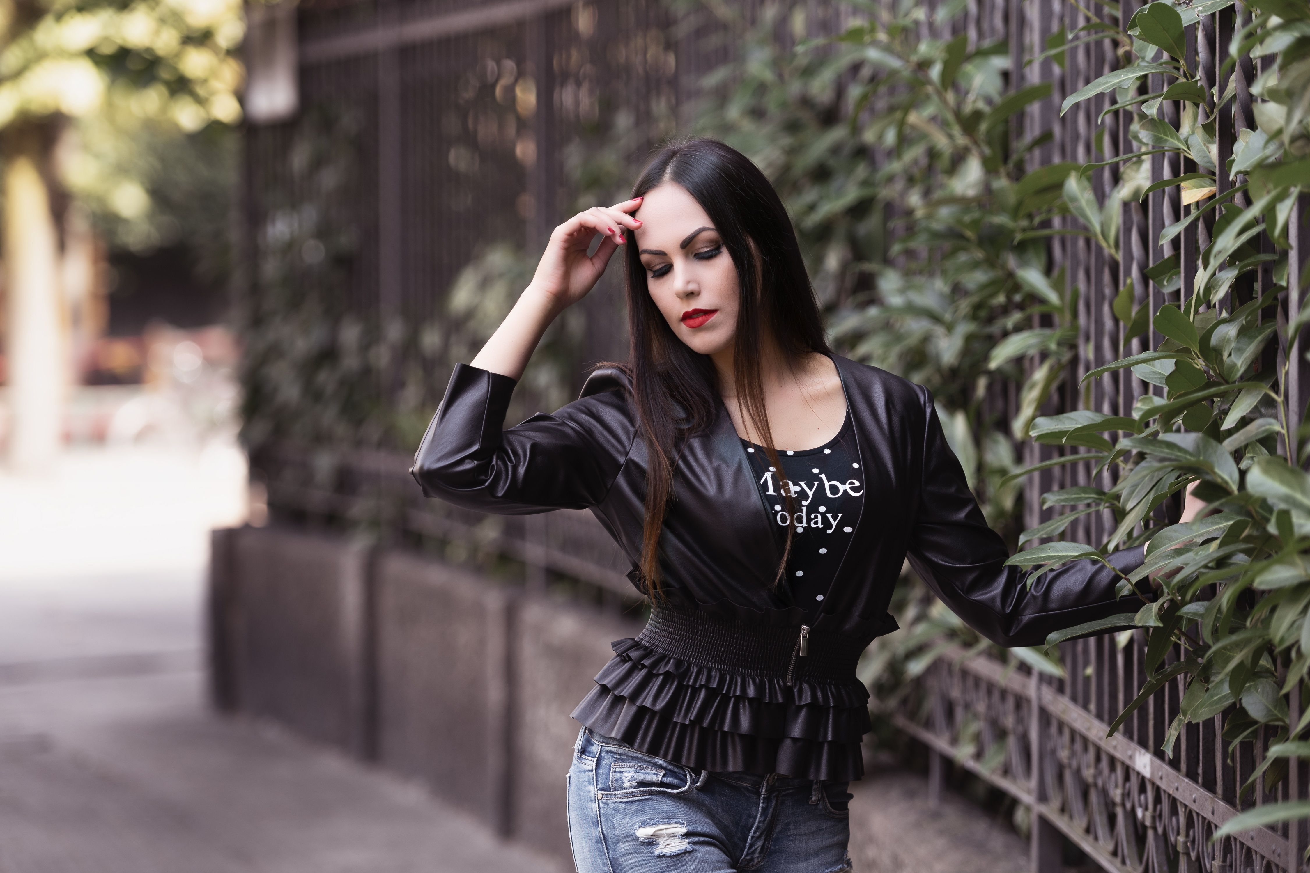 Depth Of Field, Black Hair, Leather Jacket, Girl, Lipstick, Model, Woman, Mood wallpaper