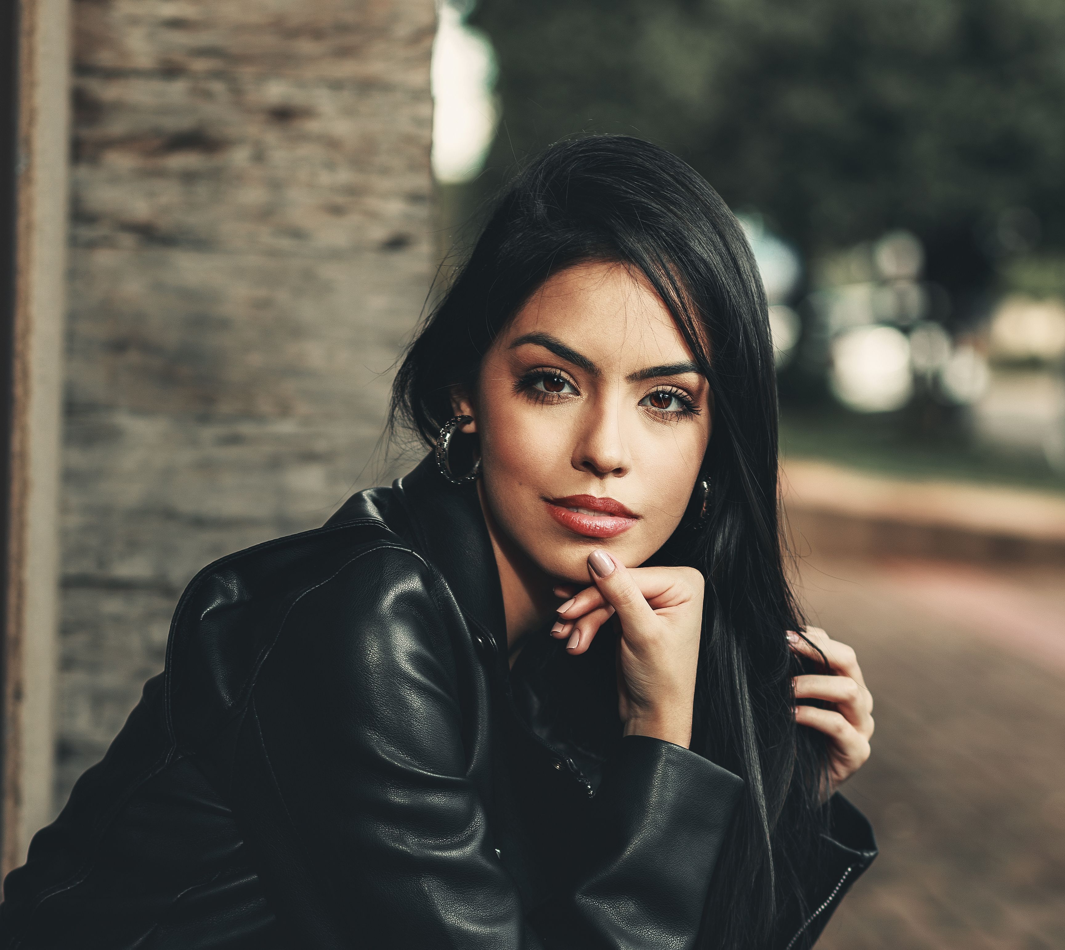 Black Hair Brown Eyes Depth Of Field Girl Leather Jacket Model Woman Wallpaper:3458x3085