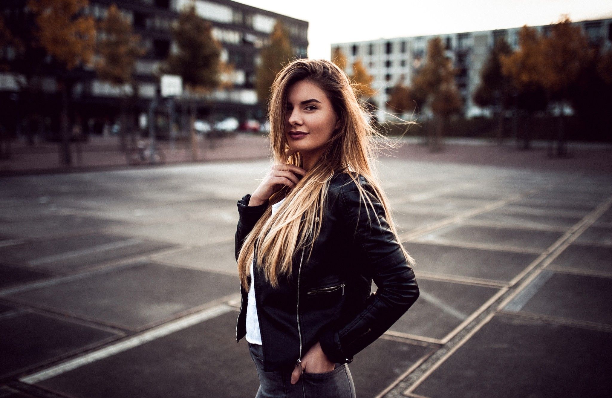 Wallpaper, black, women, model, blonde, dress, smiling, leather jackets, fashion, spring, Jonathan Goehler, clothing, girl, beauty, lady, photograph, snapshot, human positions, portrait photography, photo shoot 2048x1332