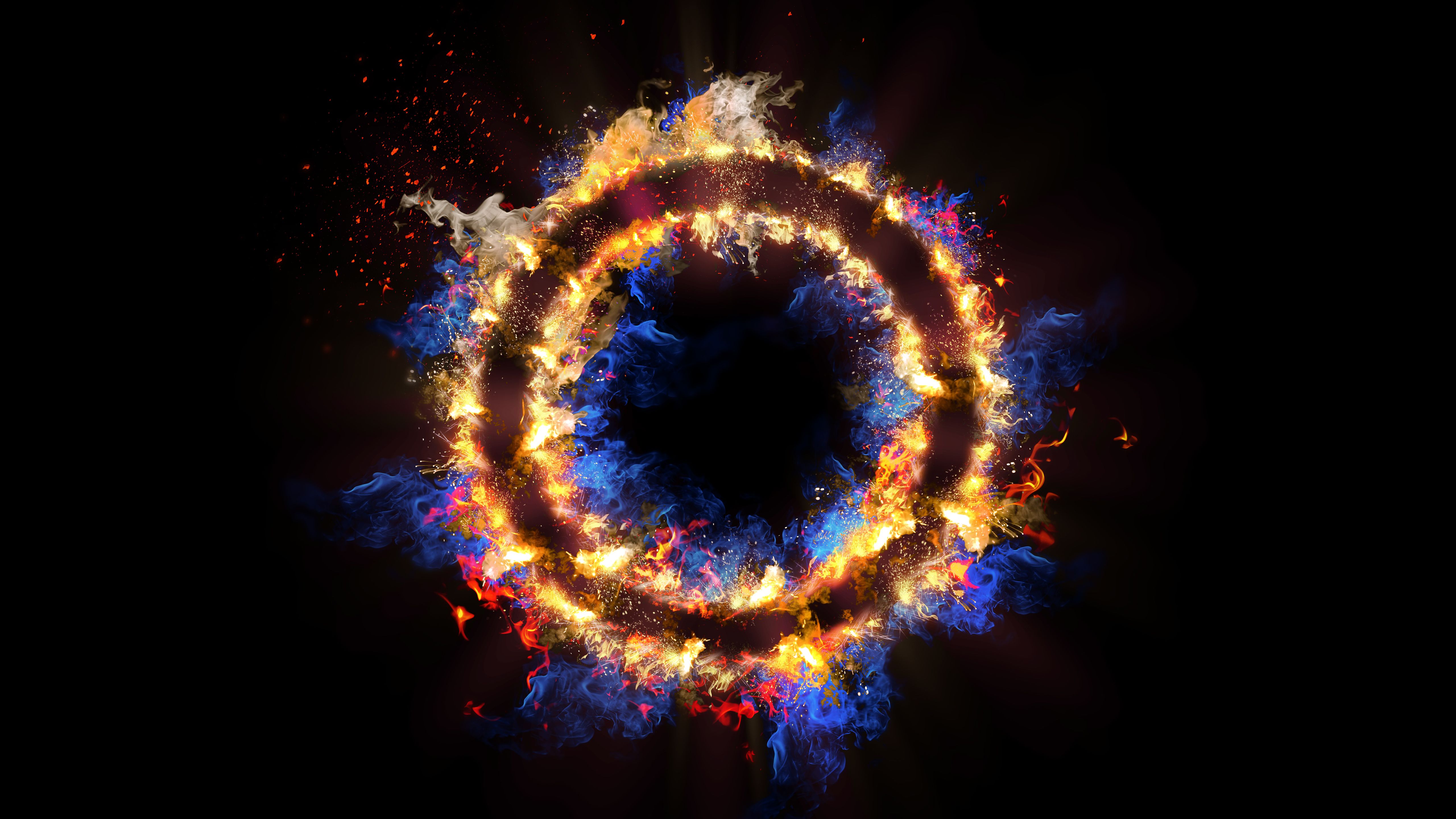 Fire ring Wallpaper 4K, Energy, Black background, Flames, Circle, 5K, Abstract