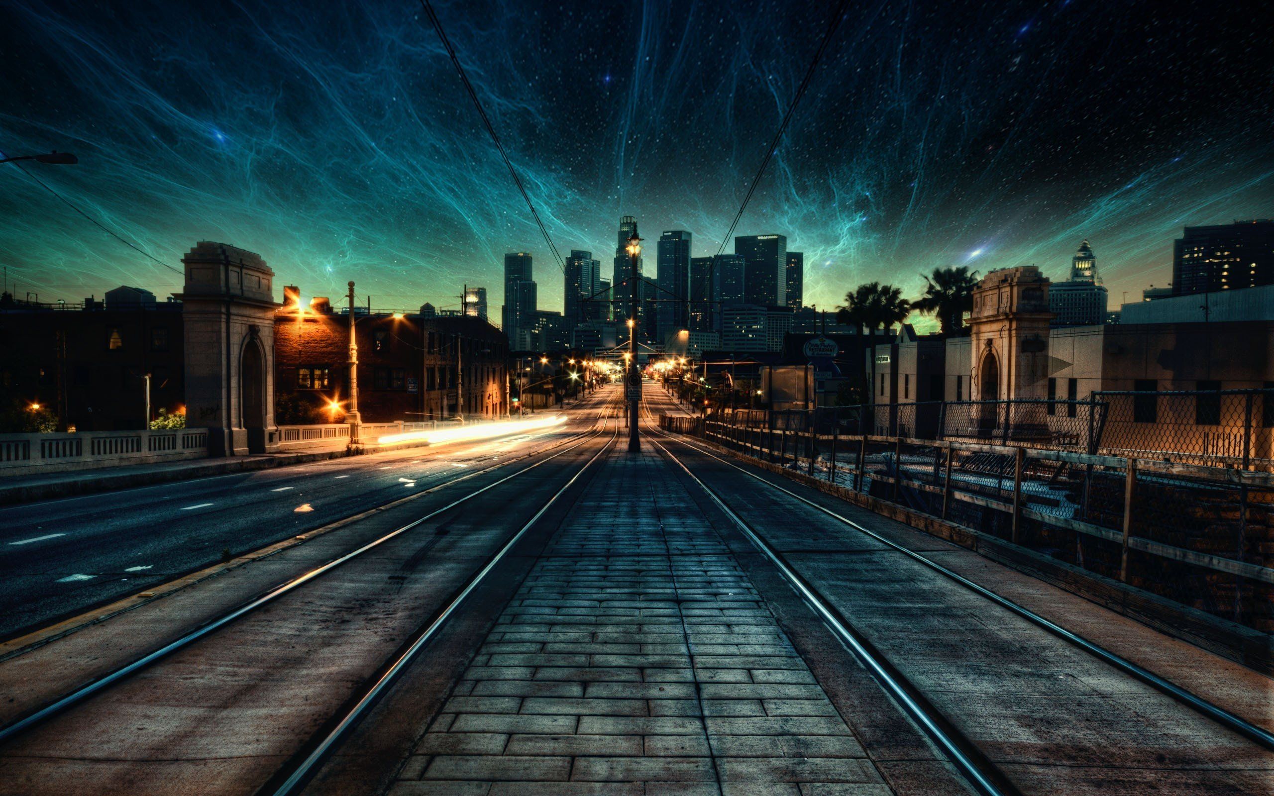 nebula, Space, City, Street light, Evening, Photo manipulation, Stars HD Wallpaper / Desktop and Mobile Image & Photo