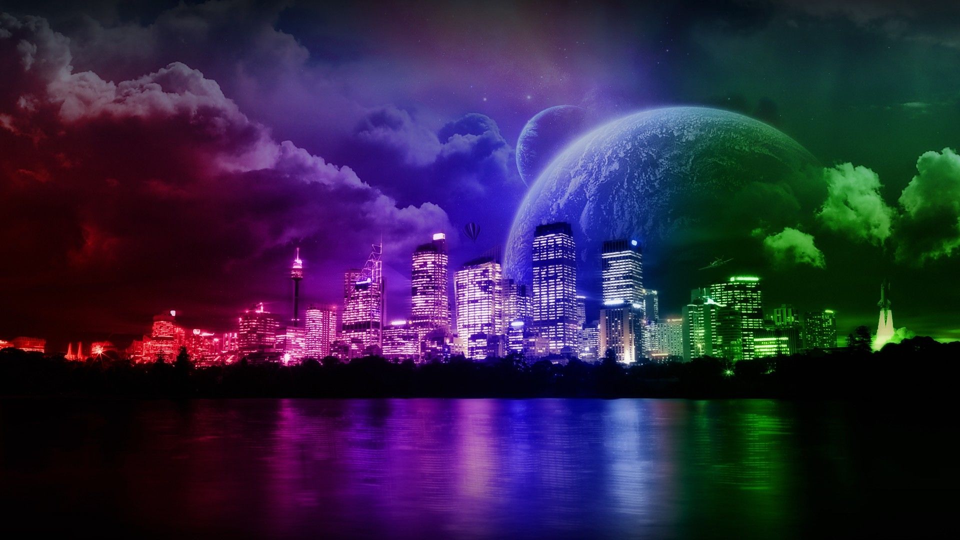 Download Wallpaper, Download 2560x1440 water clouds outer space city colorful planets rainbows science fiction 1920x1080 wallpaper Wallpaper –Free Wallpaper Download