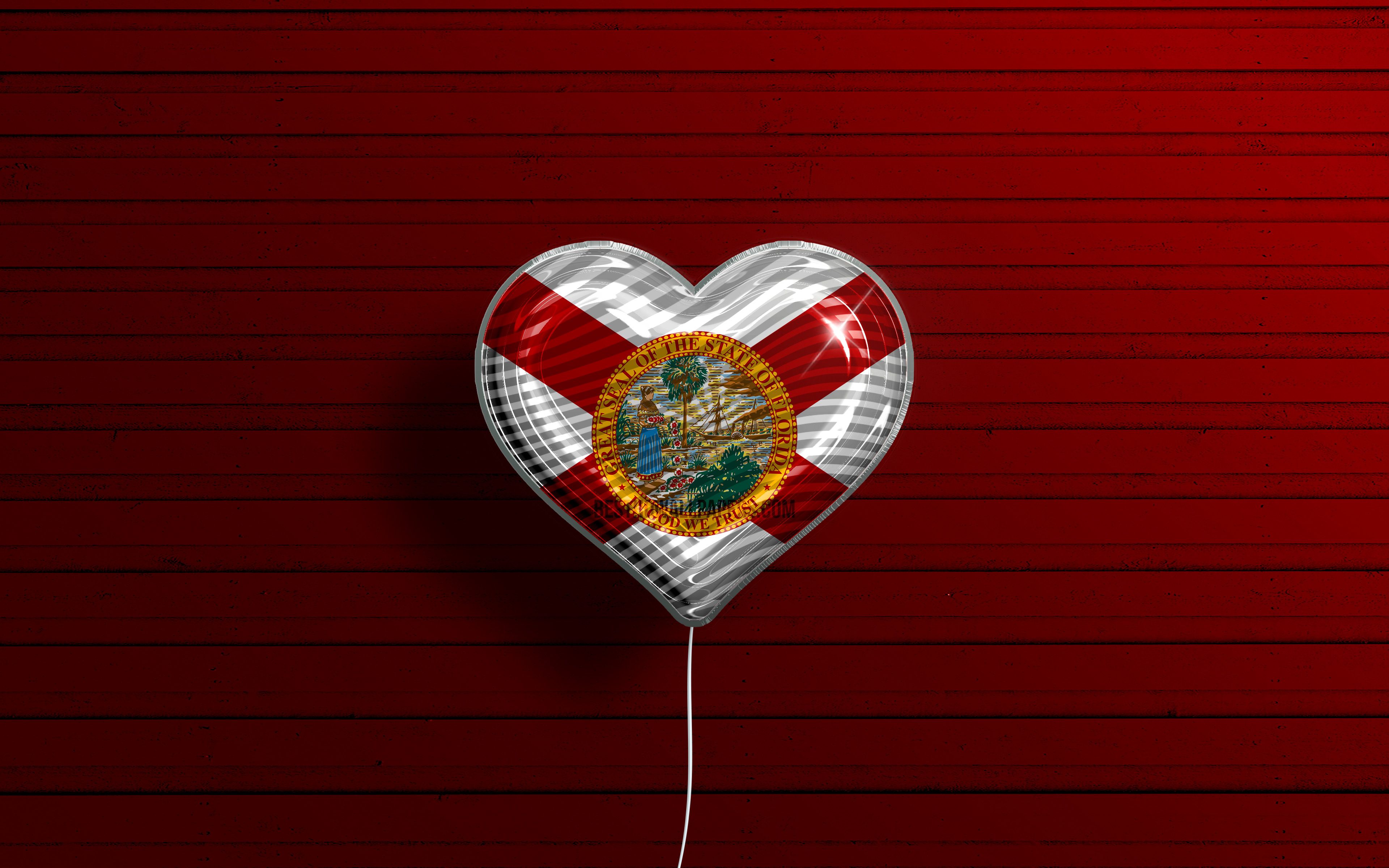 Download wallpaper I Love Florida, 4k, realistic balloons, red wooden background, United States of America, Florida flag heart, flag of Florida, balloon with flag, American states, Love Florida, USA for desktop with