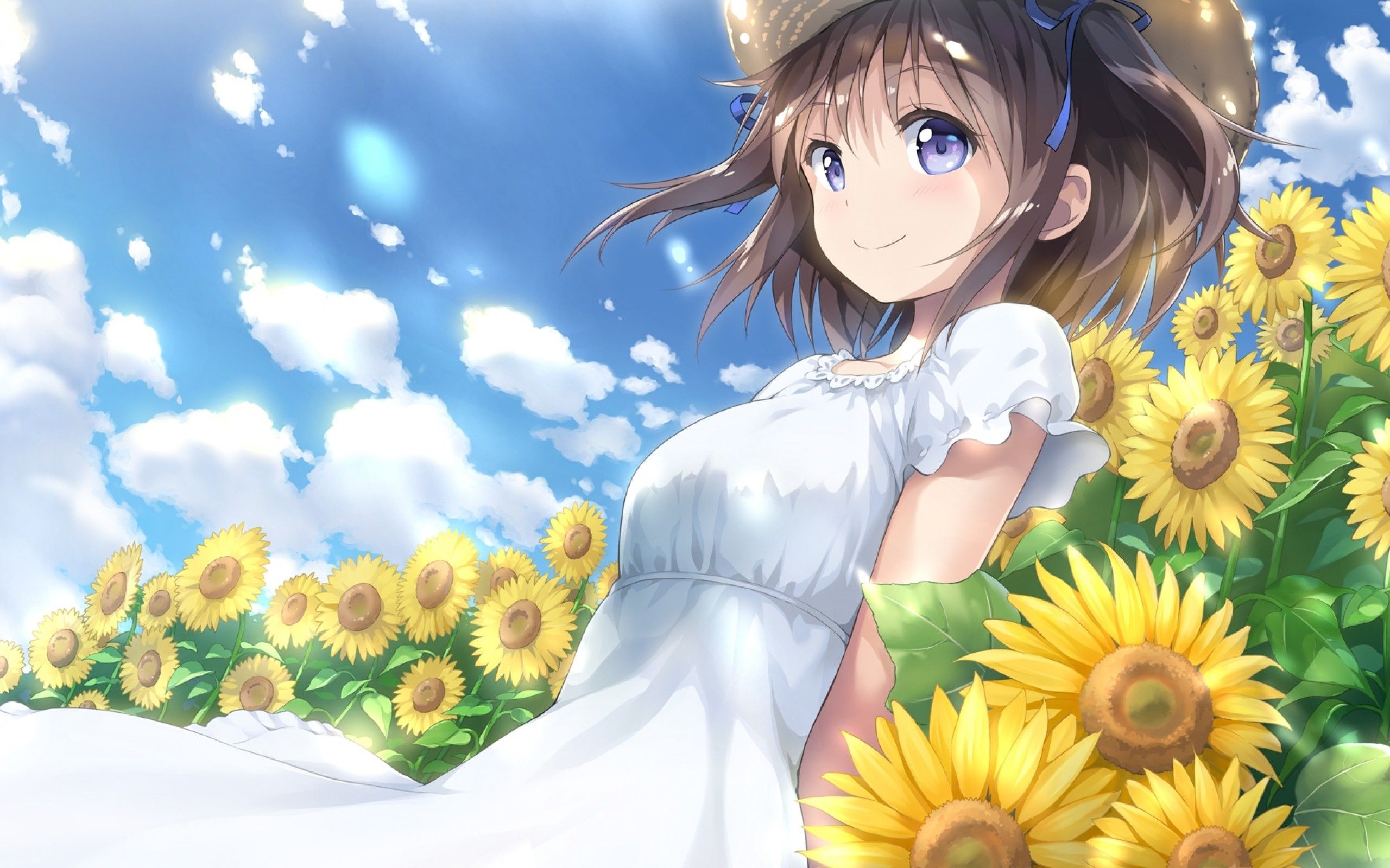 Download 2560x1600 Sunflowers, Summer, Dress, Short Hair, Anime Girl Wallpaper for MacBook Pro 13 inch