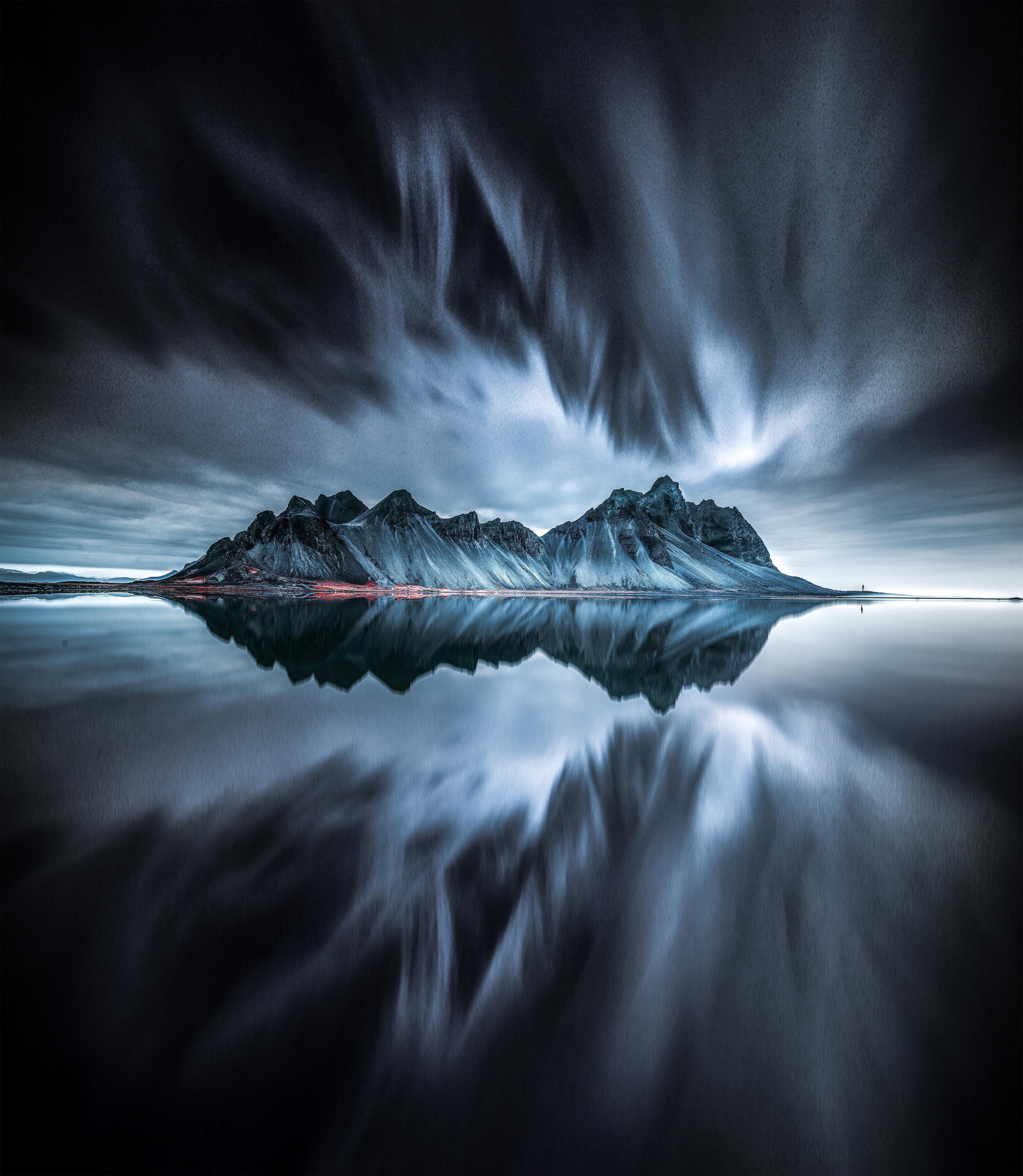 Vestrahorn mountain Wallpaper 4K, Evening, Cold, Reflection, Iceland, Dark, Nature