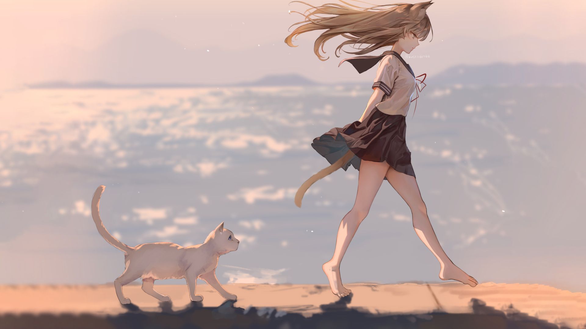 Wallpaper, anime girls, cat girl, sea, school uniform 1920x1080
