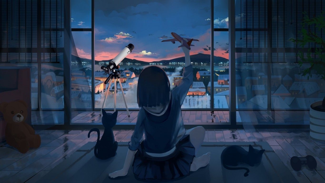 Download 1366x768 Anime Girl, Cats, Teddy Bear, Cityscape, Telescope, Sky, Back View, Scenic Wallpaper for Laptop, Notebook