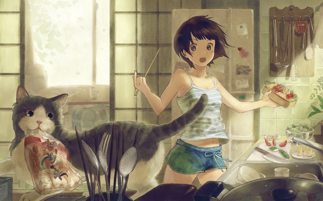 Download wallpaper 1280x800 anime, girl, cat, room widescreen 16:10 HD background