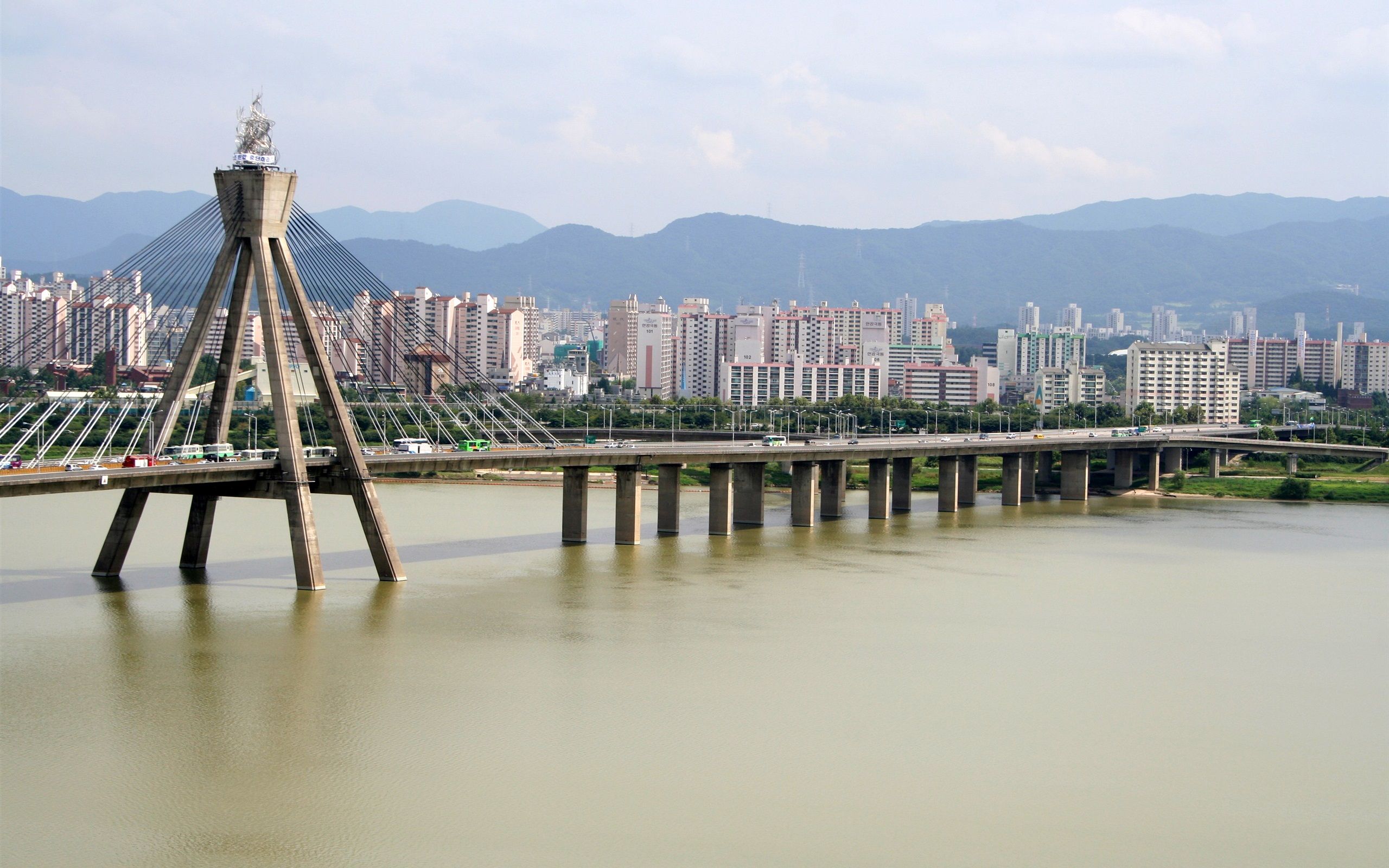 Wallpaper Olympic Bridge, Hangang River, City, Houses, HD Wallpaper