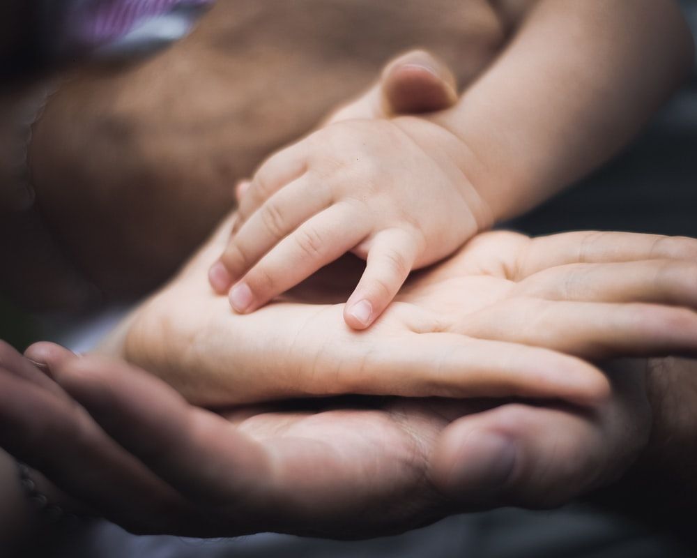 baby's hand on mother and father palms photo