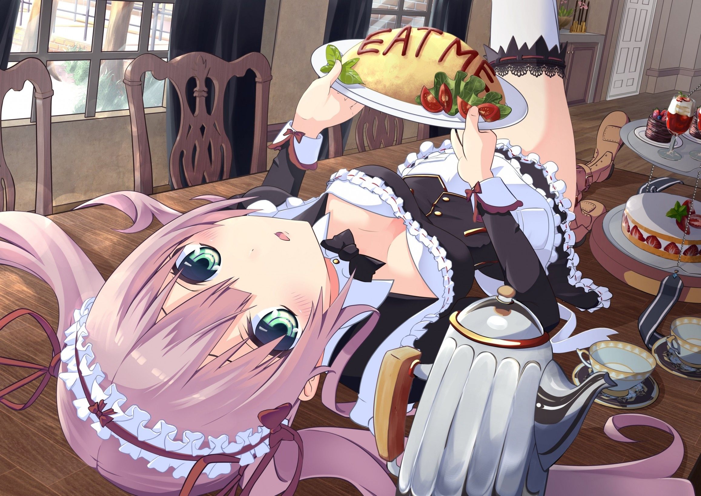 Download 2315x1637 Anime Girl, Maid, Lying Down, Foods Wallpaper