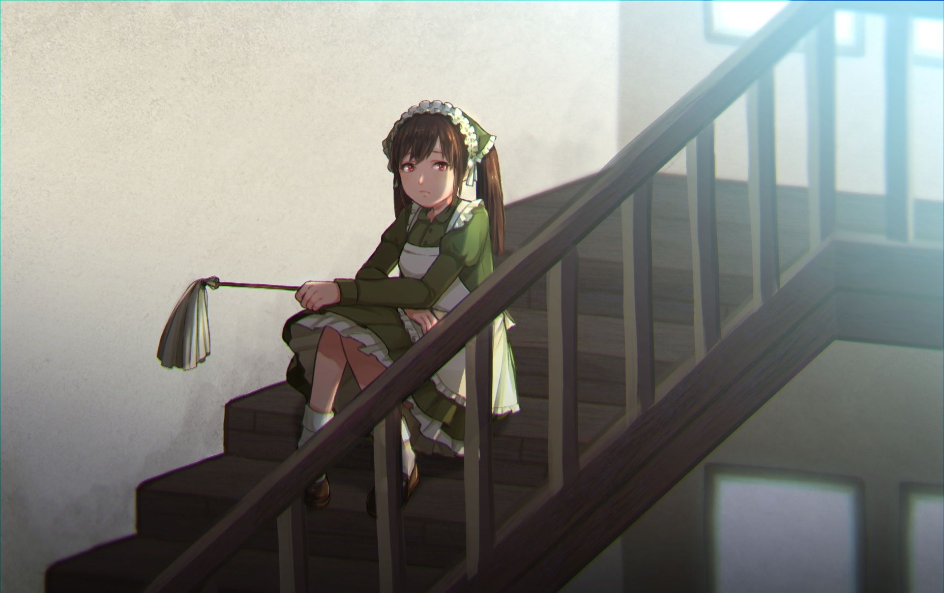 Wallpaper Brown Hair, Anime Girl, Stairs, Maid