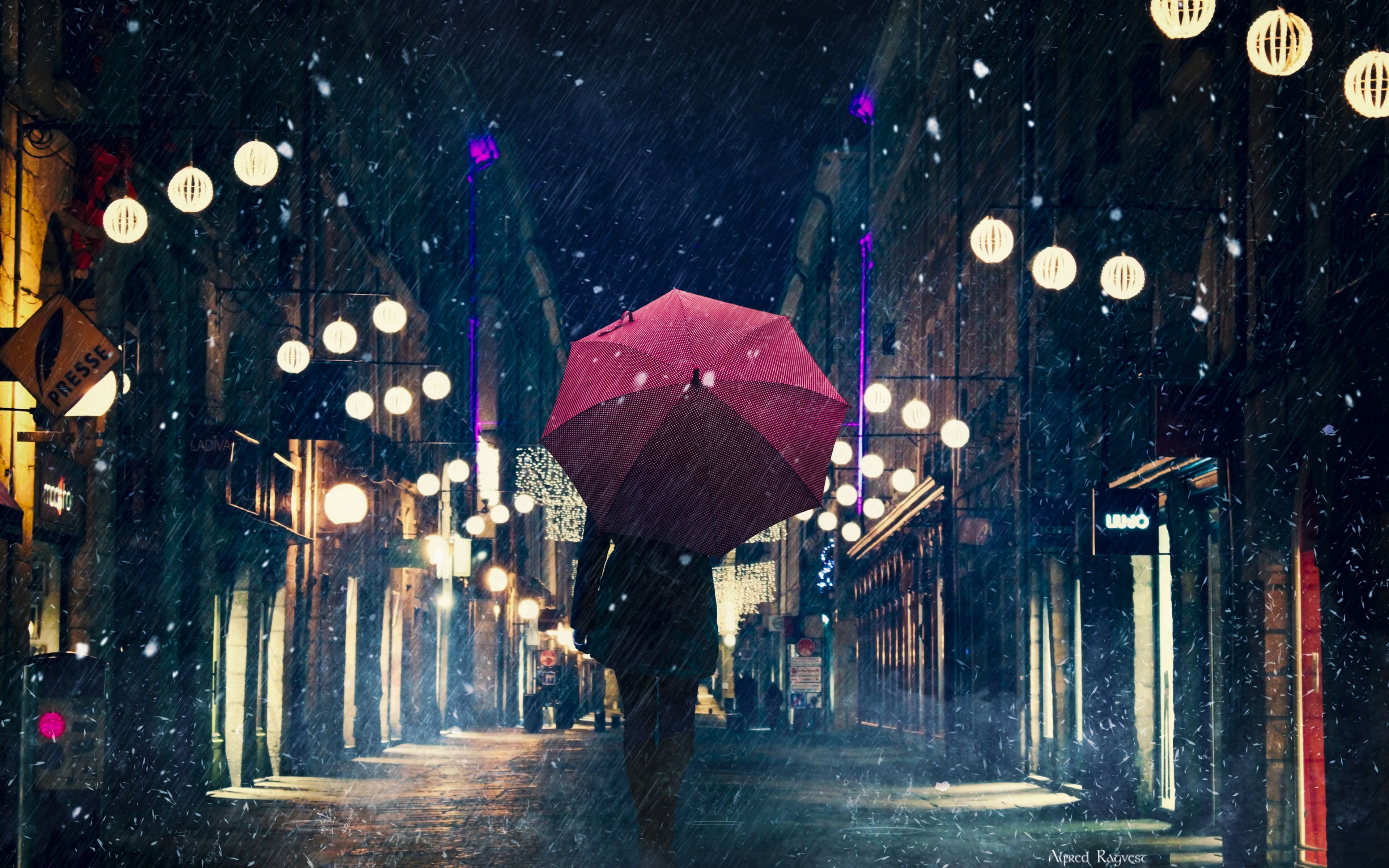 Download wallpaper 3840x2400 silhouette, umbrella, night city, rain, street, city lights 4k ultra HD 16:10 HD background