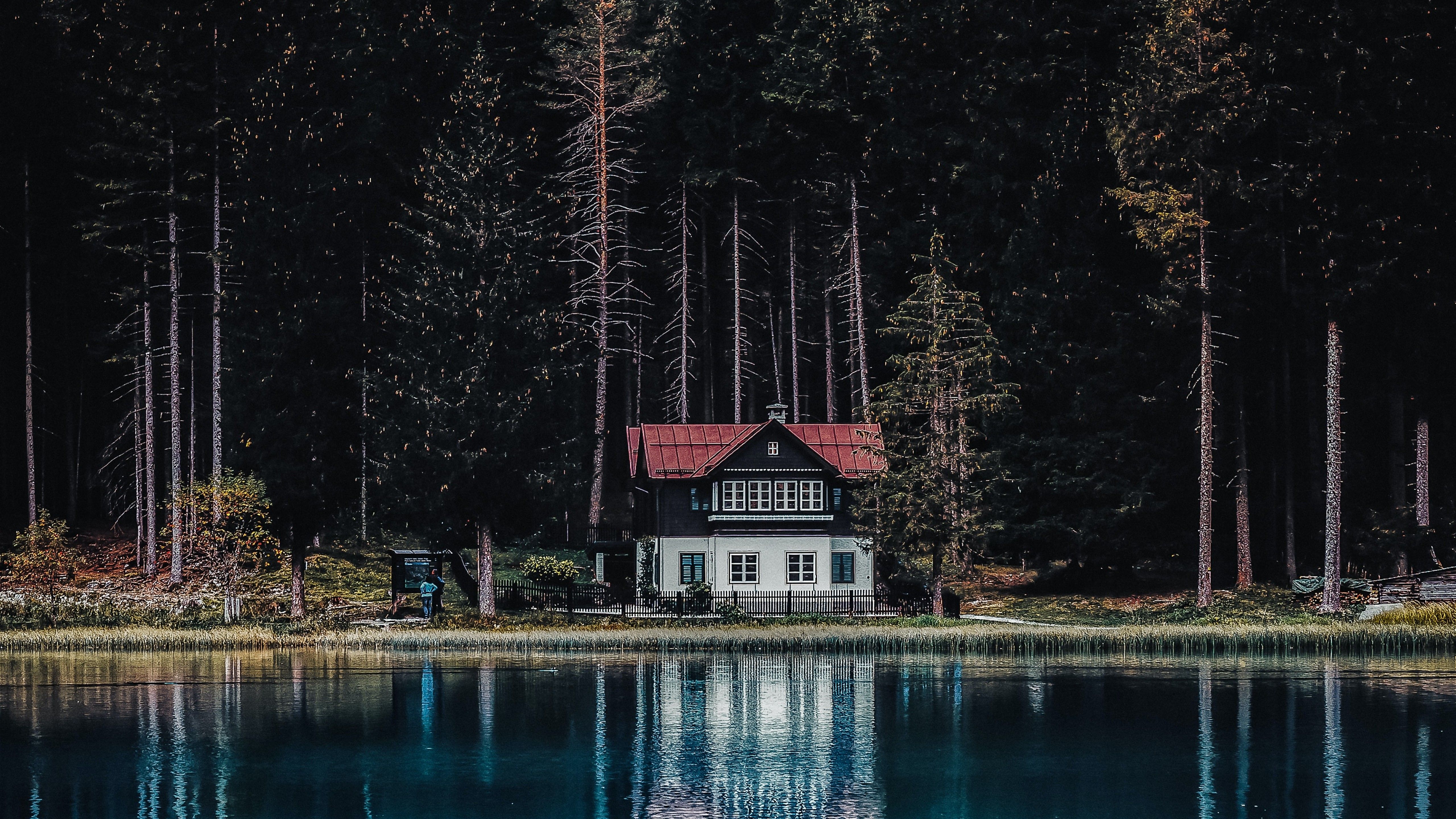 Dark Forest 4K Wallpaper, House, Tall Trees, Woods, Lake, Body of Water, Reflection, Landscape, Nature