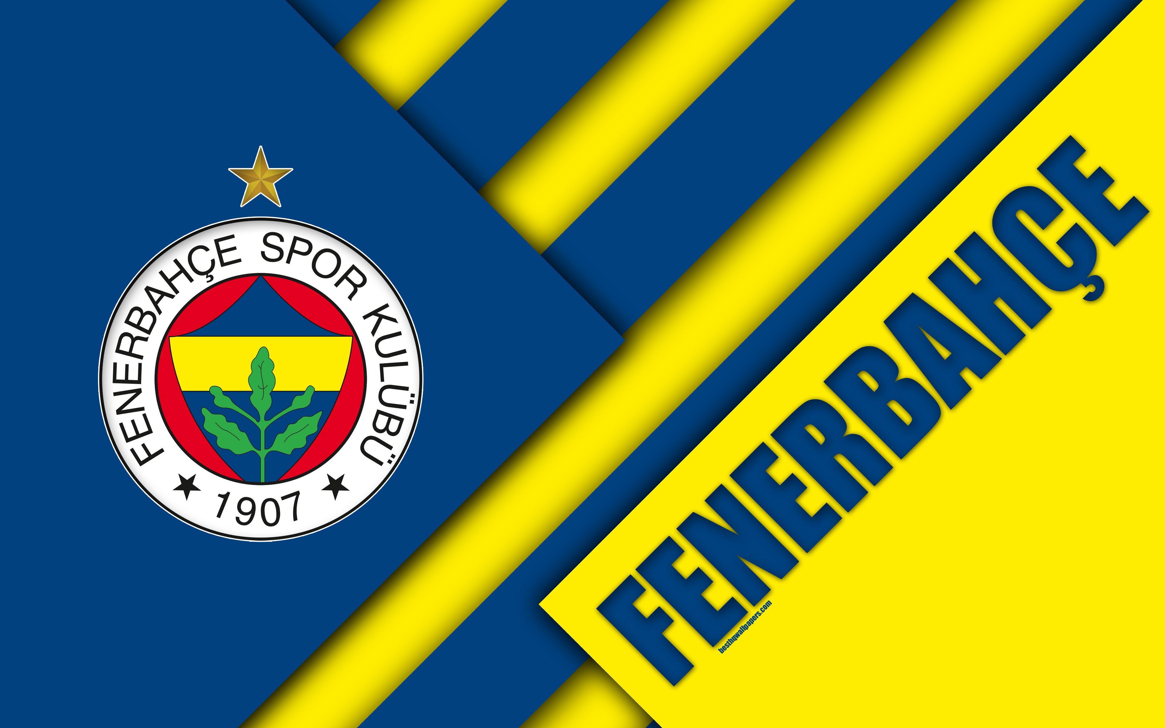 Download wallpaper Fenerbahce SK, emblem, 4k, material design, logo, blue yellow abstraction, Turkish football club, Turkish Superleague, Istanbul, Turkey, Süper Lig for desktop with resolution 3840x2400. High Quality HD picture wallpaper