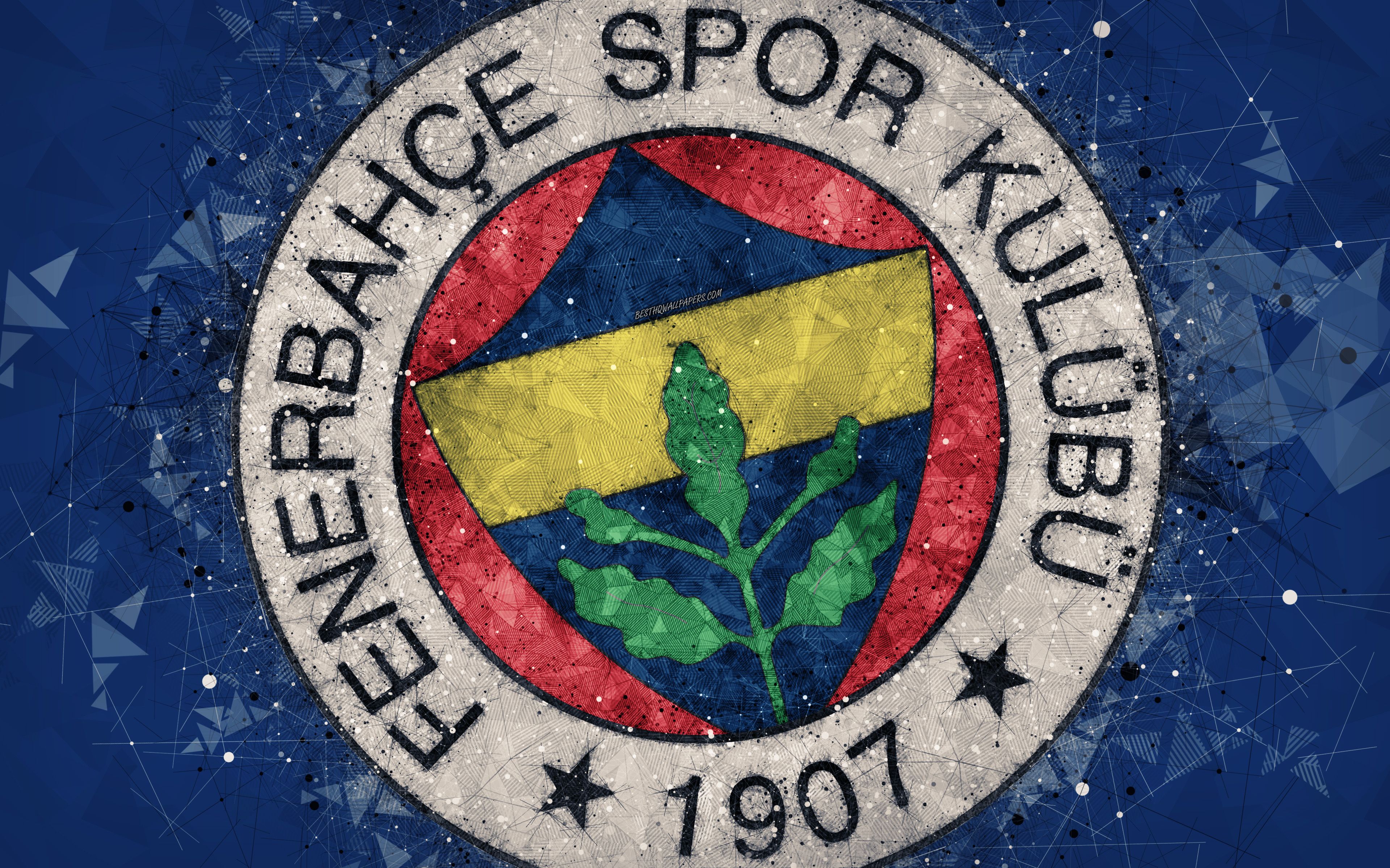 Download wallpaper Fenerbahce SK, 4k, logo, creative art, Turkish football club, geometric art, grunge style, blue abstract background, Istanbul, Turkey, Super Lig, football, Fenerbahce FC for desktop with resolution 3840x2400. High Quality
