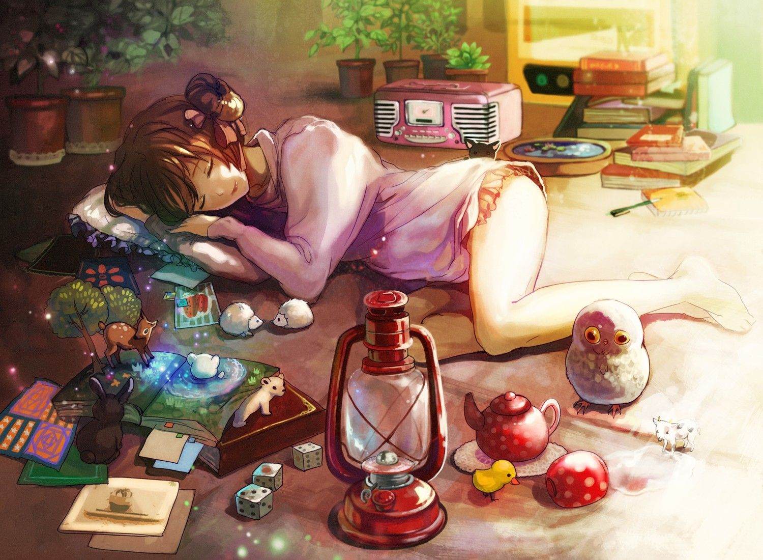 brunettes radio ribbons moe plants lamps books pillows sleeping anime girls 1500x1100 wallpaper