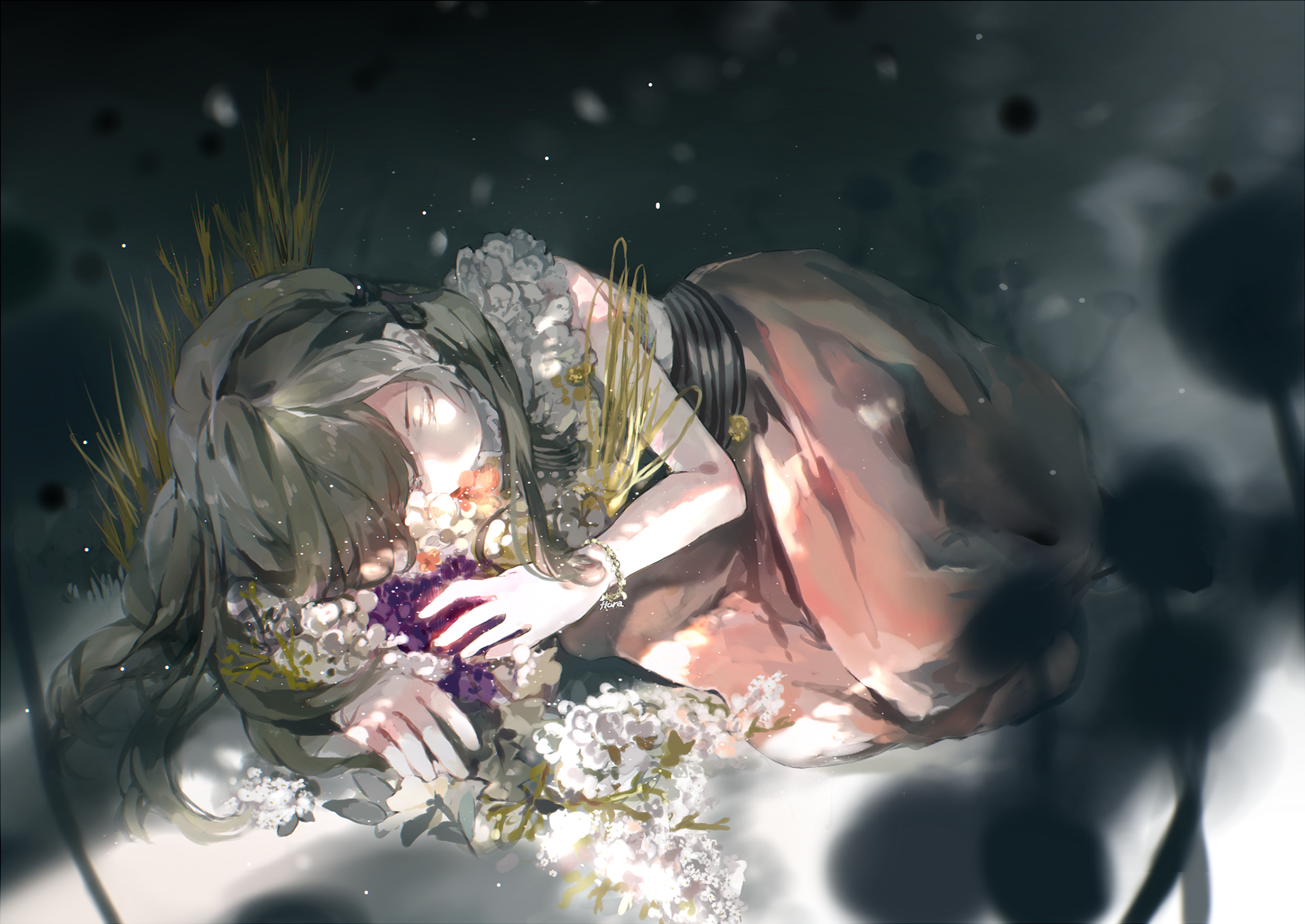 Wallpaper, flowers, anime girls, glowing, sleeping 2985x2113