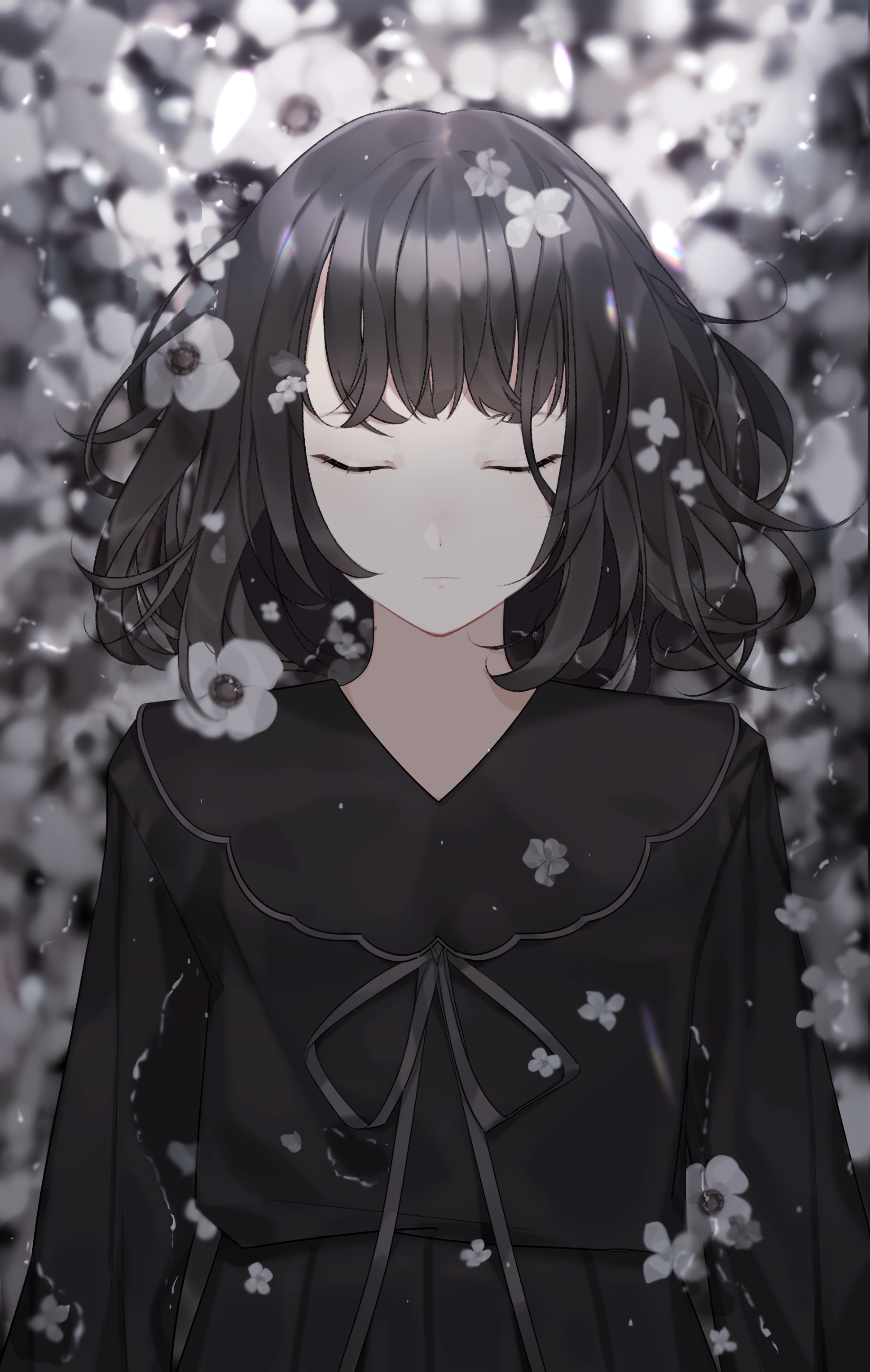 Anime Girl, Sleeping, Black Hair, School Uniform, White And White Anime Girl HD Wallpaper