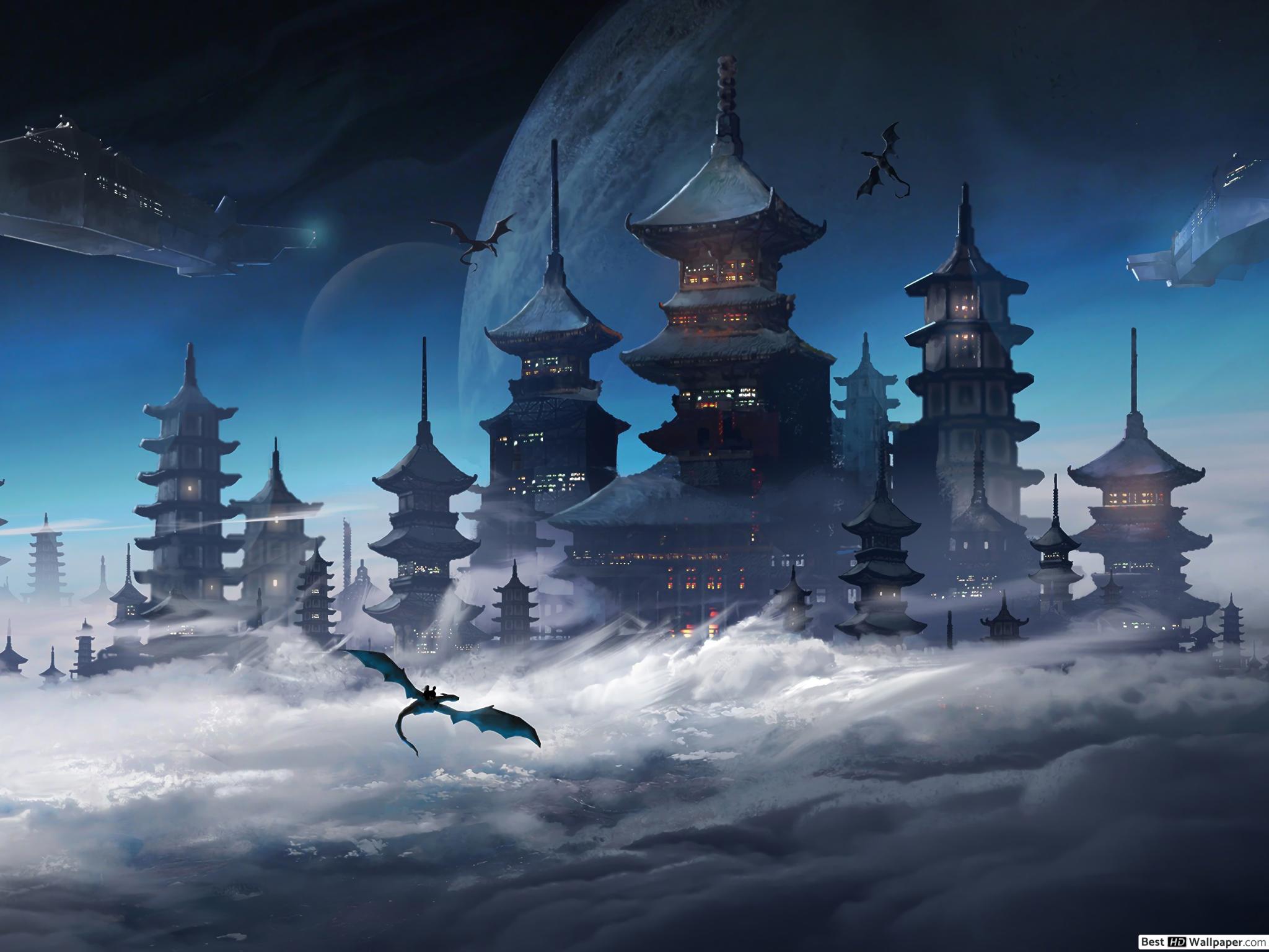 Japanese Castle In The Sky HD wallpaper download