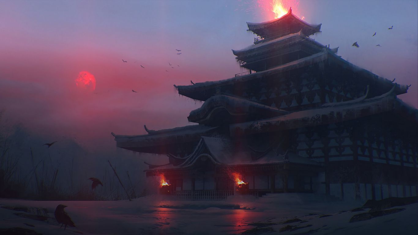 Download wallpaper 1366x768 pagoda, temple, castle, japanese temple, fantasy, art tablet, laptop HD background