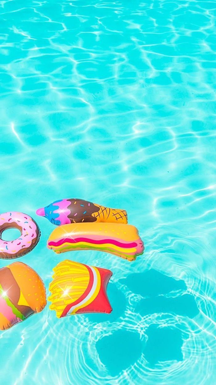 Cute Wallpaper For Girls Pool Blue Water Donut Hamburger Ice Cream Hot Dog French Fries Floats. Cute Wallpaper, Summer Wallpaper, Cute Summer Wallpaper