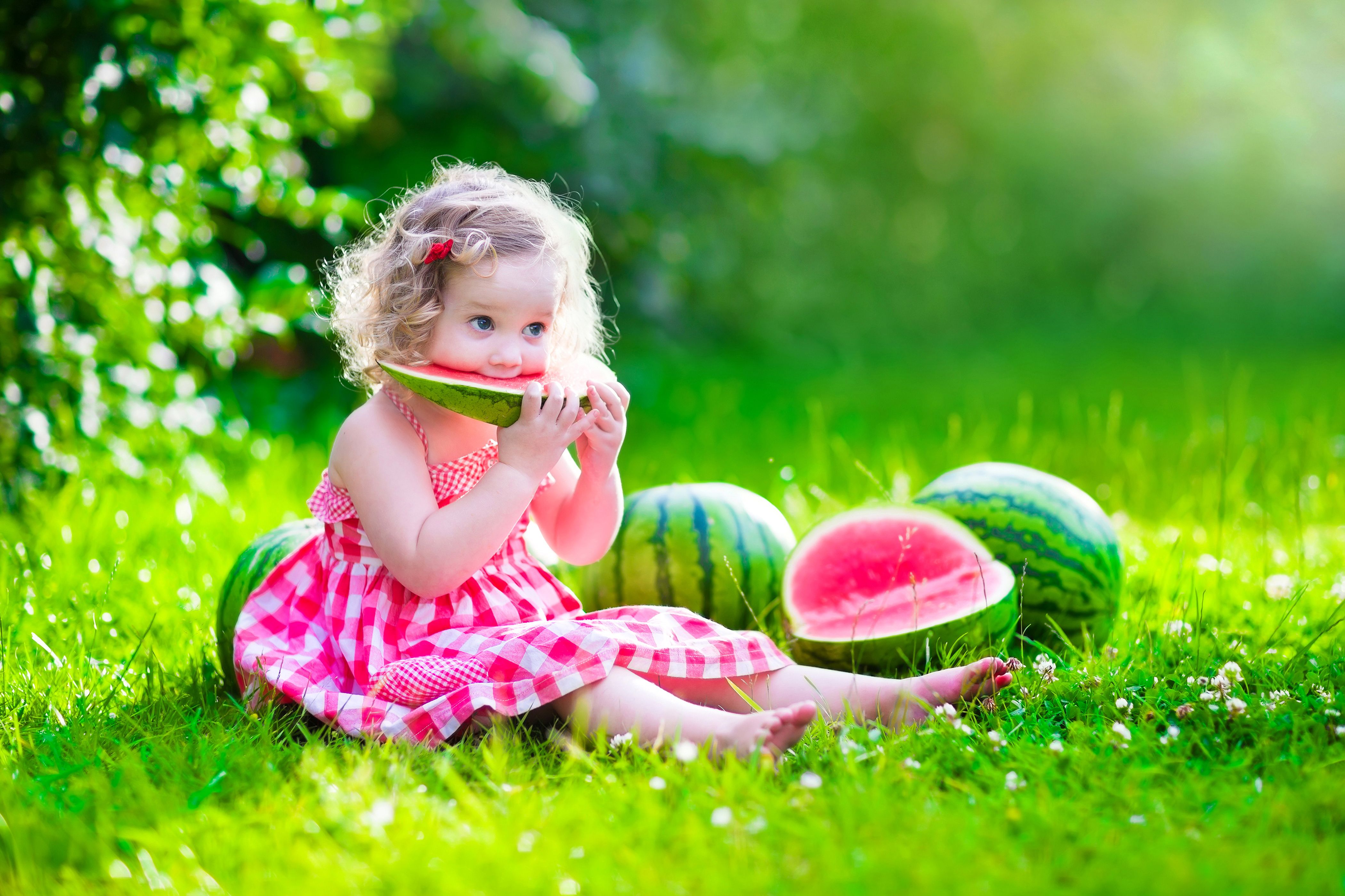 Download wallpaper summer, the sun, glade, child, watermelon, dress, girl, summer, happy, dress, beautiful, pretty, child, baby, little girl, watermelon, section mood in resolution 4201x2800