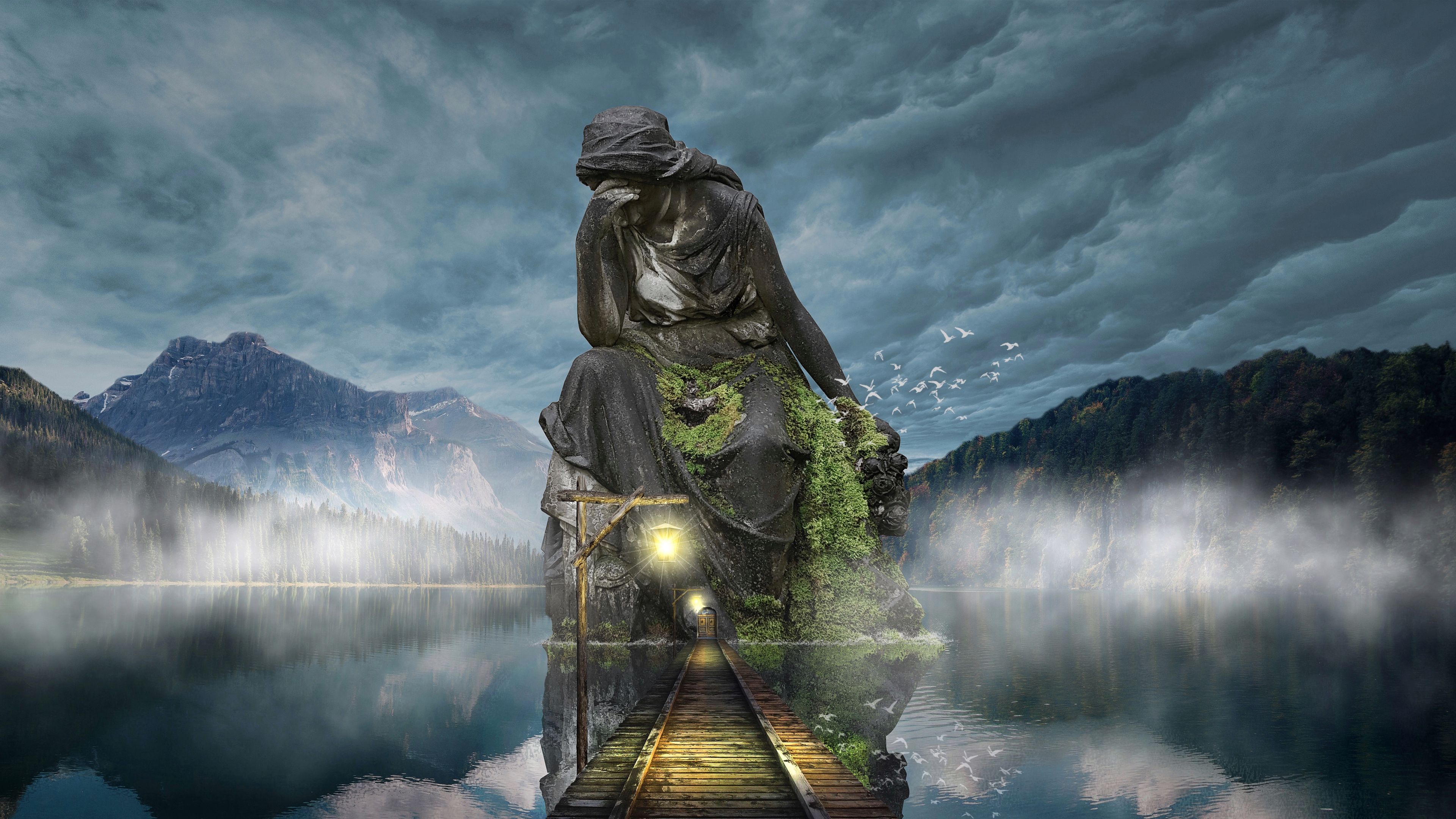 Wallpaper 4k sculpture, photohop, bridge, twilight, mountains, sky 4k bridge, photohop, sculpture