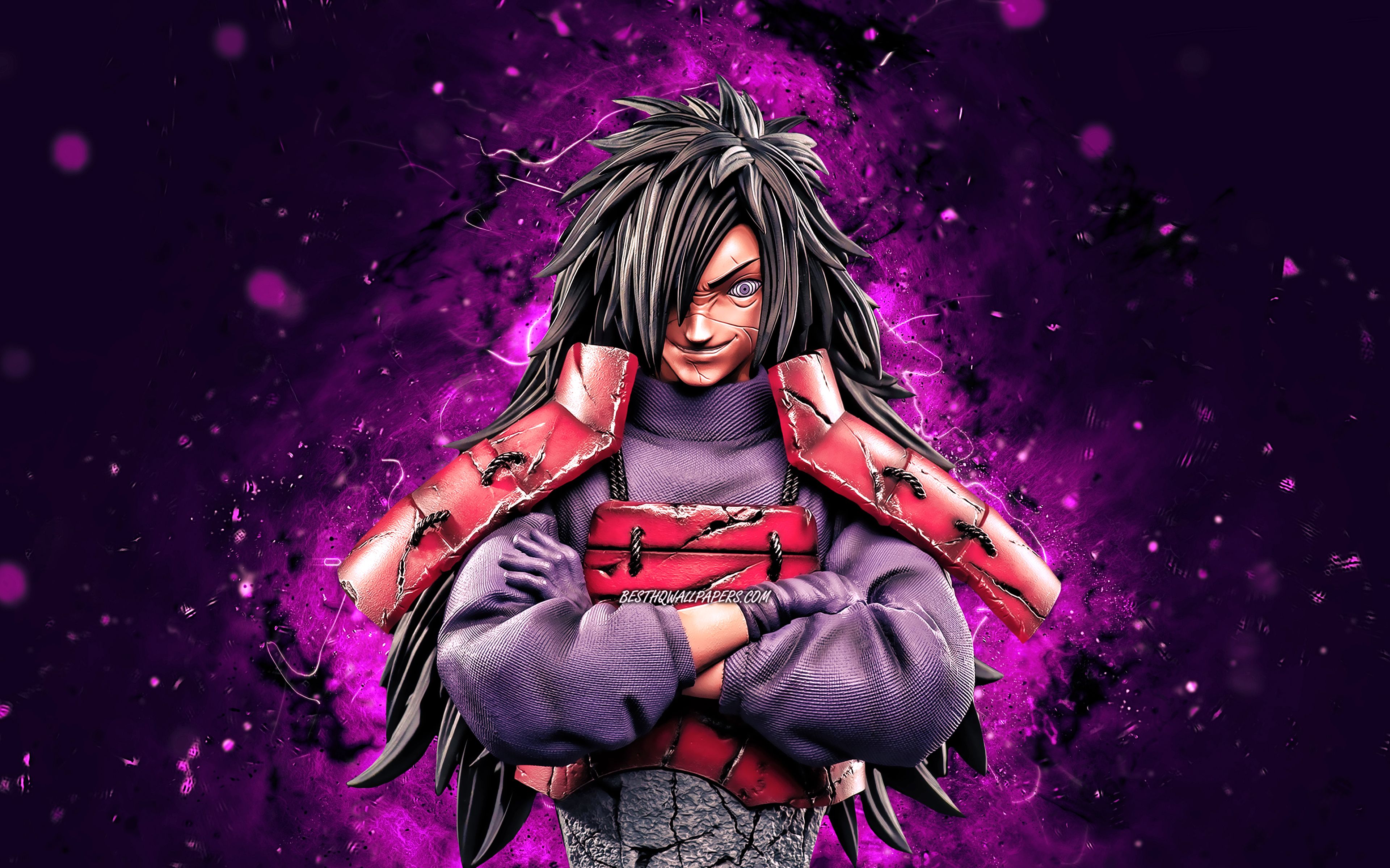 Download wallpaper Madara Uchiha, 4k, violet neon lights, Naruto characters, protagonist, Naruto, manga, Uchiha Madara, samurai, Madara Uchiha Naruto for desktop with resolution 3840x2400. High Quality HD picture wallpaper