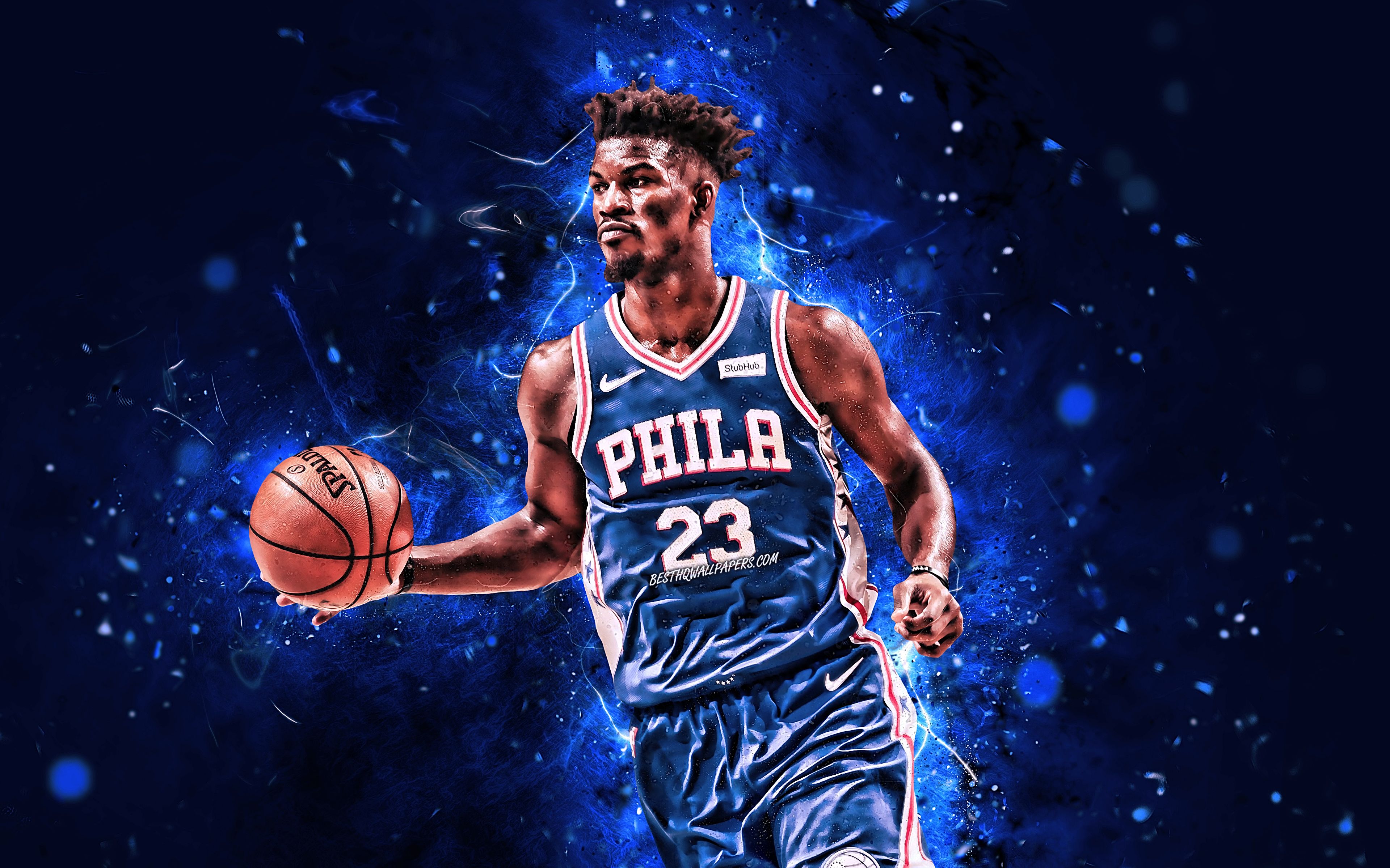 Download wallpaper Jimmy Butler, 4k, NBA, Philadelphia 76ers, basketball stars, blue uniform, Jimmy Butler III, neon lights, basketball, creative, Jimmy Butler 76ers for desktop with resolution 3840x2400. High Quality HD picture wallpaper