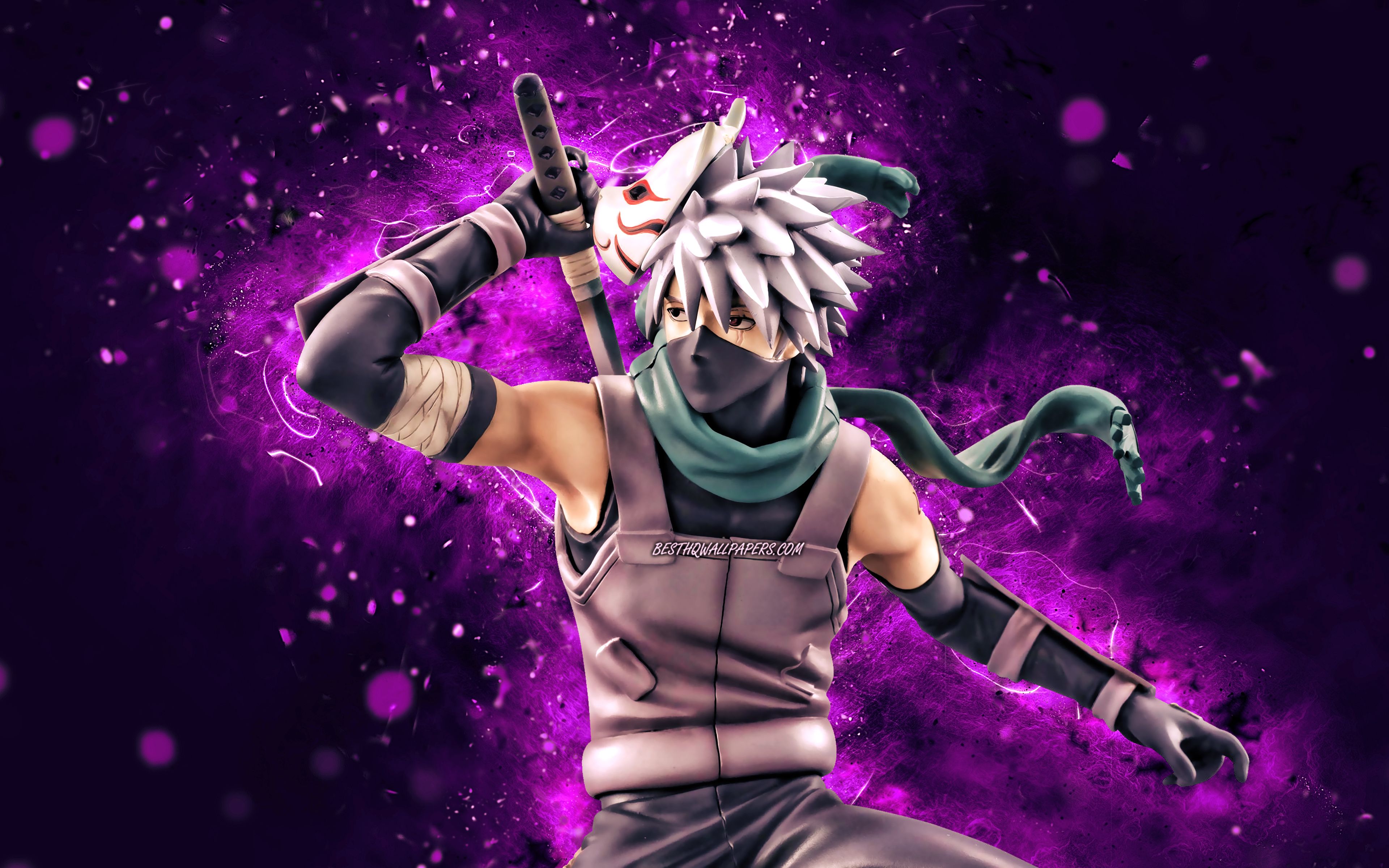 Download wallpaper Kakashi Hatake, 3D art, violet neon lights, 4k, Naruto, artwork, Sharingan, Hatake Kakashi, samurai, Naruto characters, manga for desktop with resolution 3840x2400. High Quality HD picture wallpaper