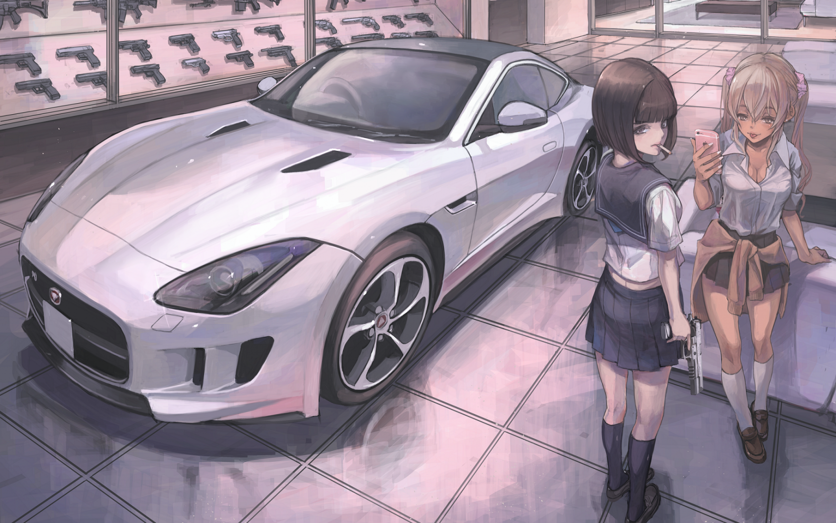 Download 1680x1050 Anime Sport Car, Anime Girls, School Girls, Weapon Wallpaper for MacBook Pro 15 inch